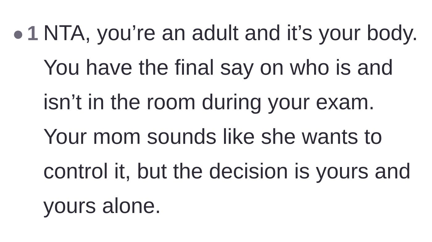 Comment thread 1 - A reader validating the daughter's right to privacy and bodily autonomy over her mother's desire for control.