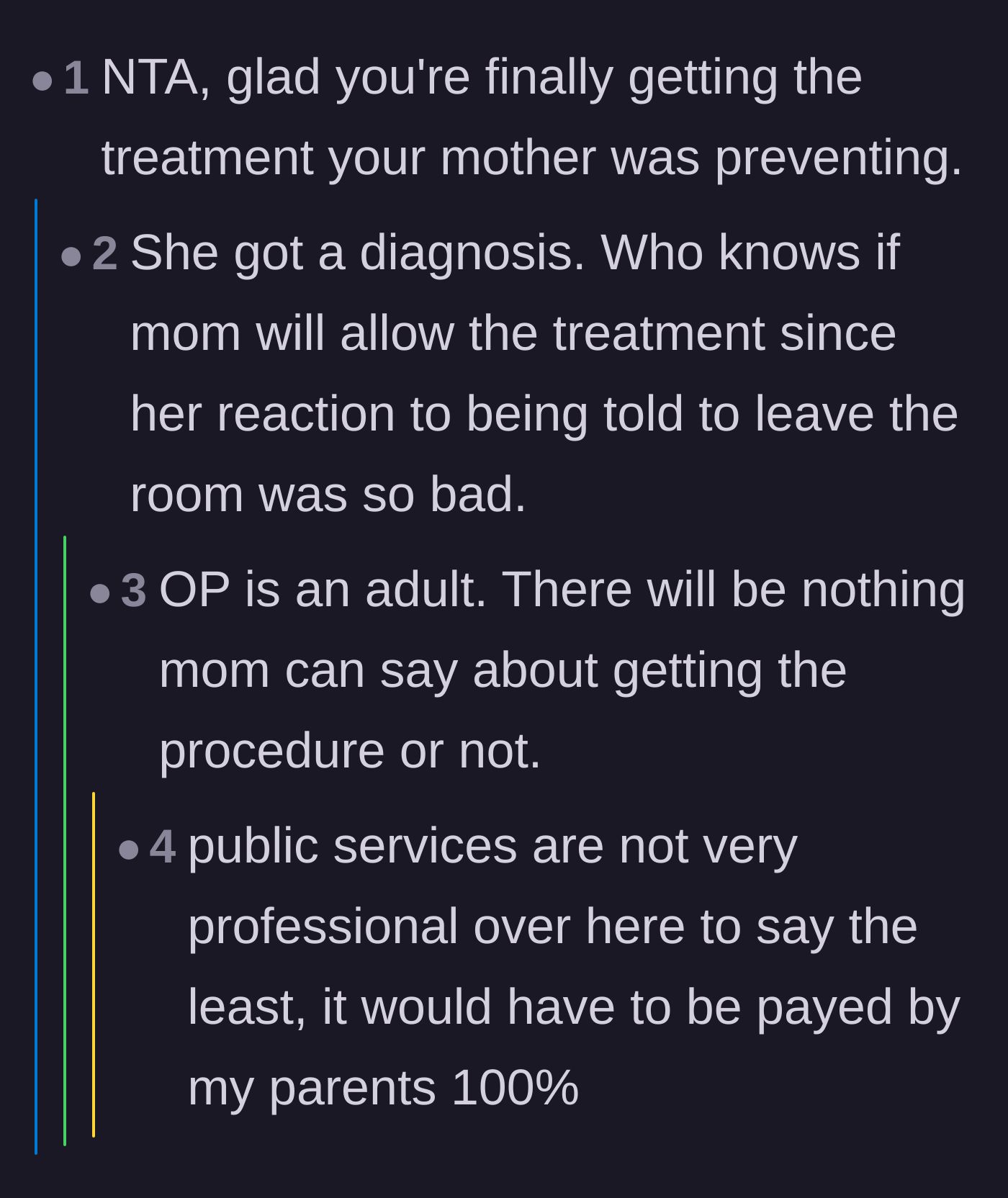 Comment thread 2 - A discussion about the terrifying possibility of the mother withholding financial support for treatment, followed by readers offering empathetic support.