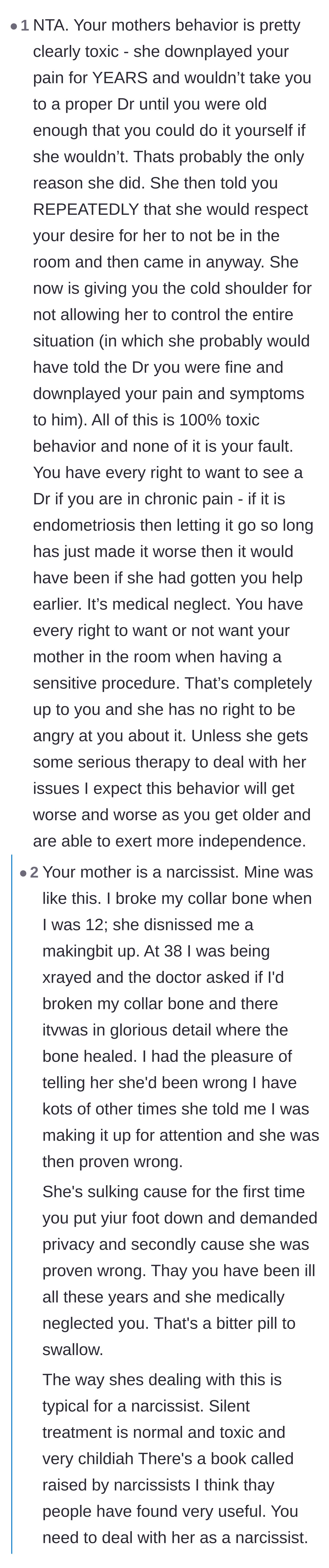 Comment thread 3 - A commenter detailing how the mother's years of downplaying symptoms and boundary stomping is a clear-cut case of medical neglect.
