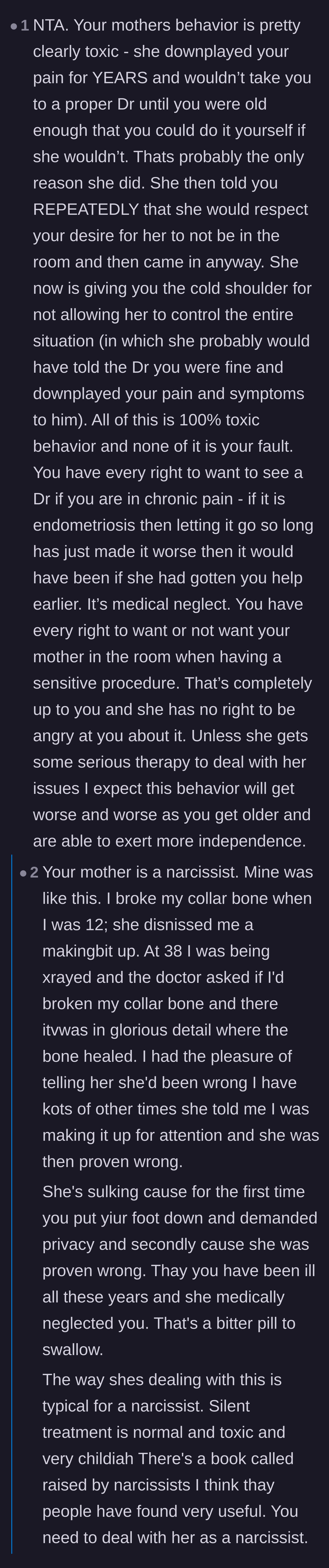 Comment thread 3 - A commenter detailing how the mother's years of downplaying symptoms and boundary stomping is a clear-cut case of medical neglect.