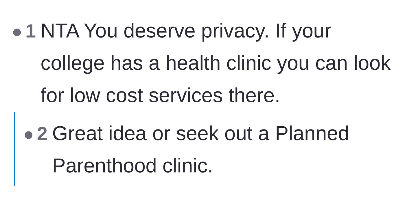 Comment thread 4 - Readers gently suggesting college health clinics and Planned Parenthood as low-cost alternatives for care.