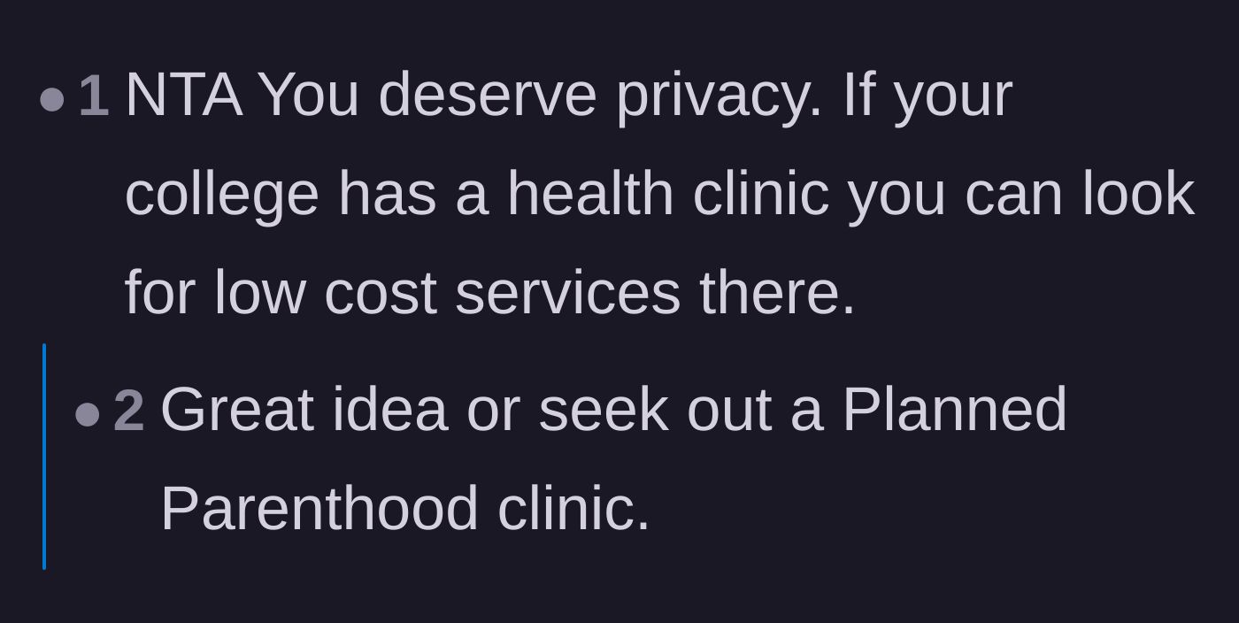 Comment thread 4 - Readers gently suggesting college health clinics and Planned Parenthood as low-cost alternatives for care.