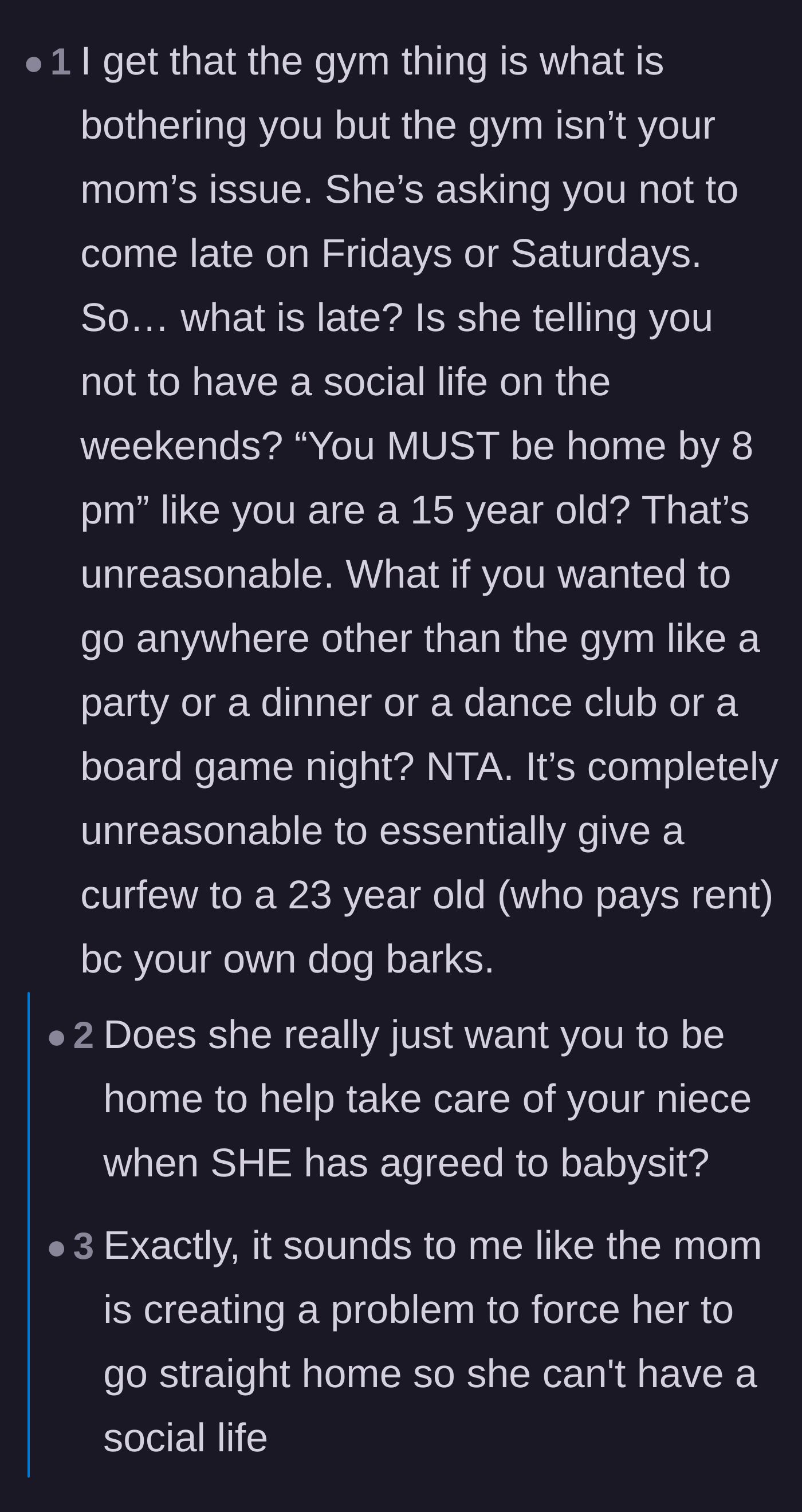 Comment thread 1 - Commenters debating whether the mother is actually just trying to enforce a high school-style curfew on a rent-paying adult.