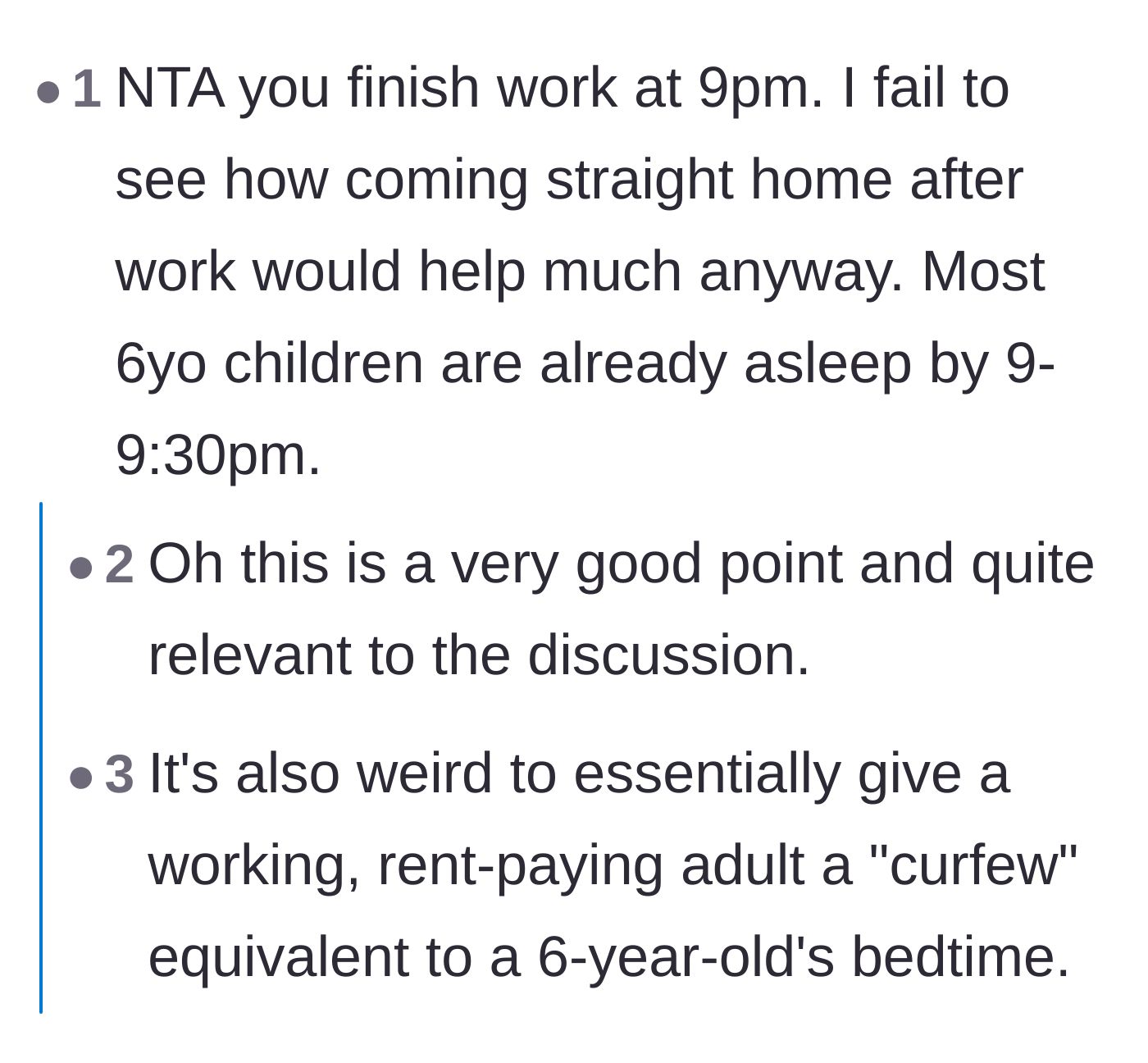 Comment thread 2 - Comment thread pointing out that a 6-year-old would already be asleep by the time the daughter finishes her shift at 9 PM.