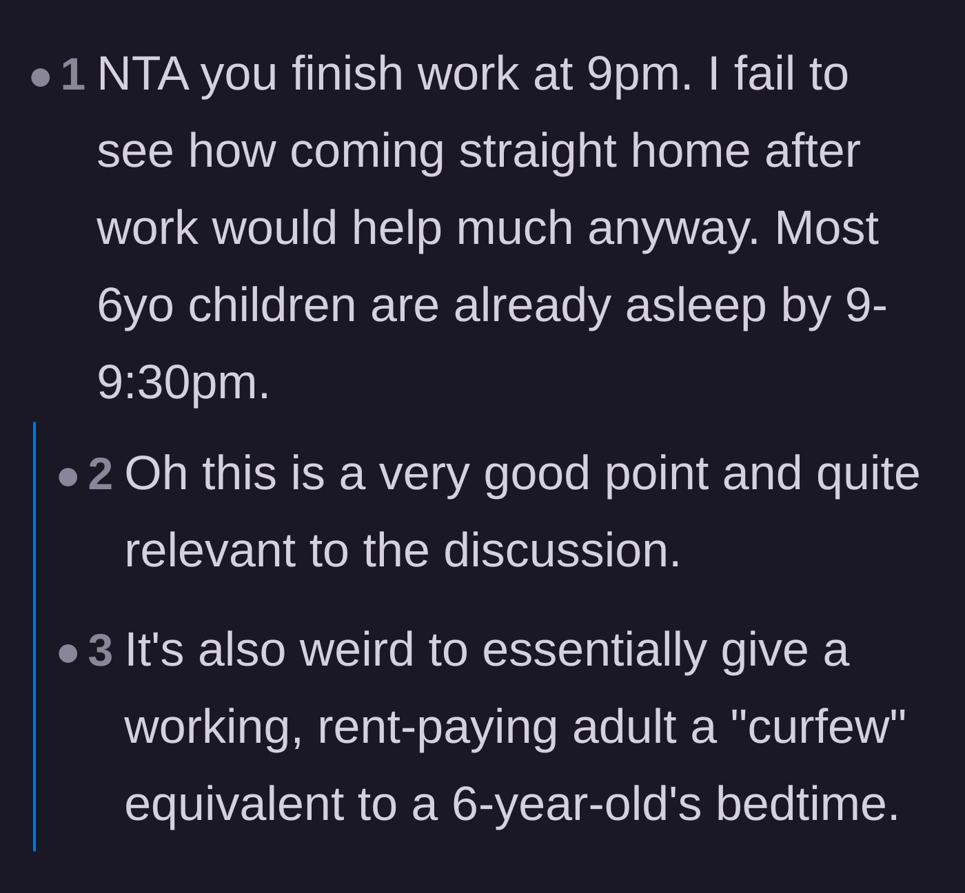 Comment thread 2 - Comment thread pointing out that a 6-year-old would already be asleep by the time the daughter finishes her shift at 9 PM.