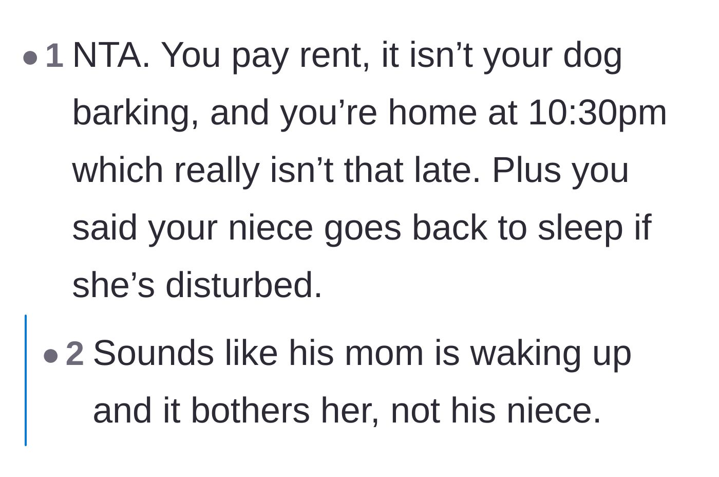 Comment thread 3 - Comment thread suggesting that the mother is actually the one bothered by the noise, not the sleeping niece.