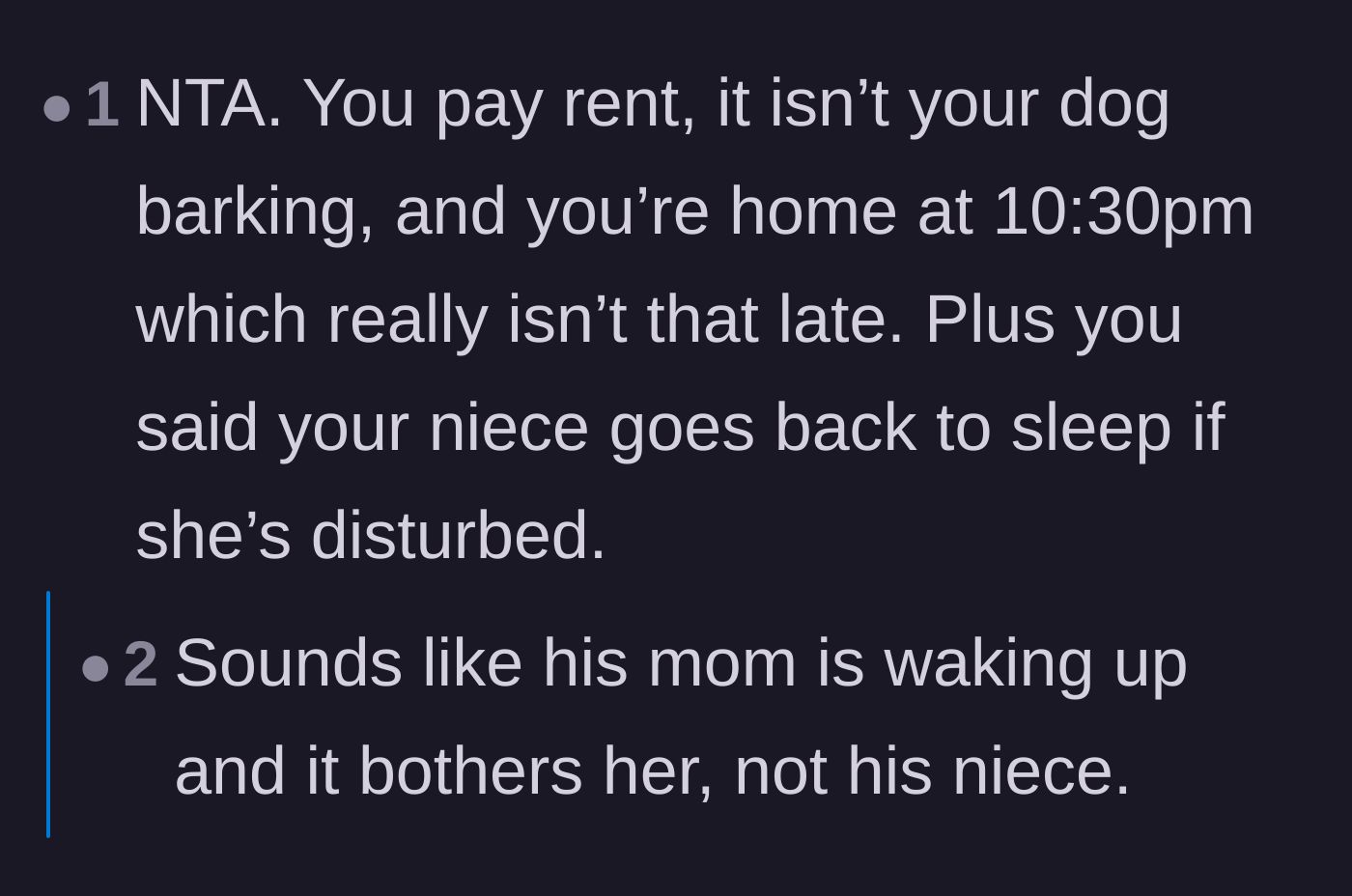 Comment thread 3 - Comment thread suggesting that the mother is actually the one bothered by the noise, not the sleeping niece.
