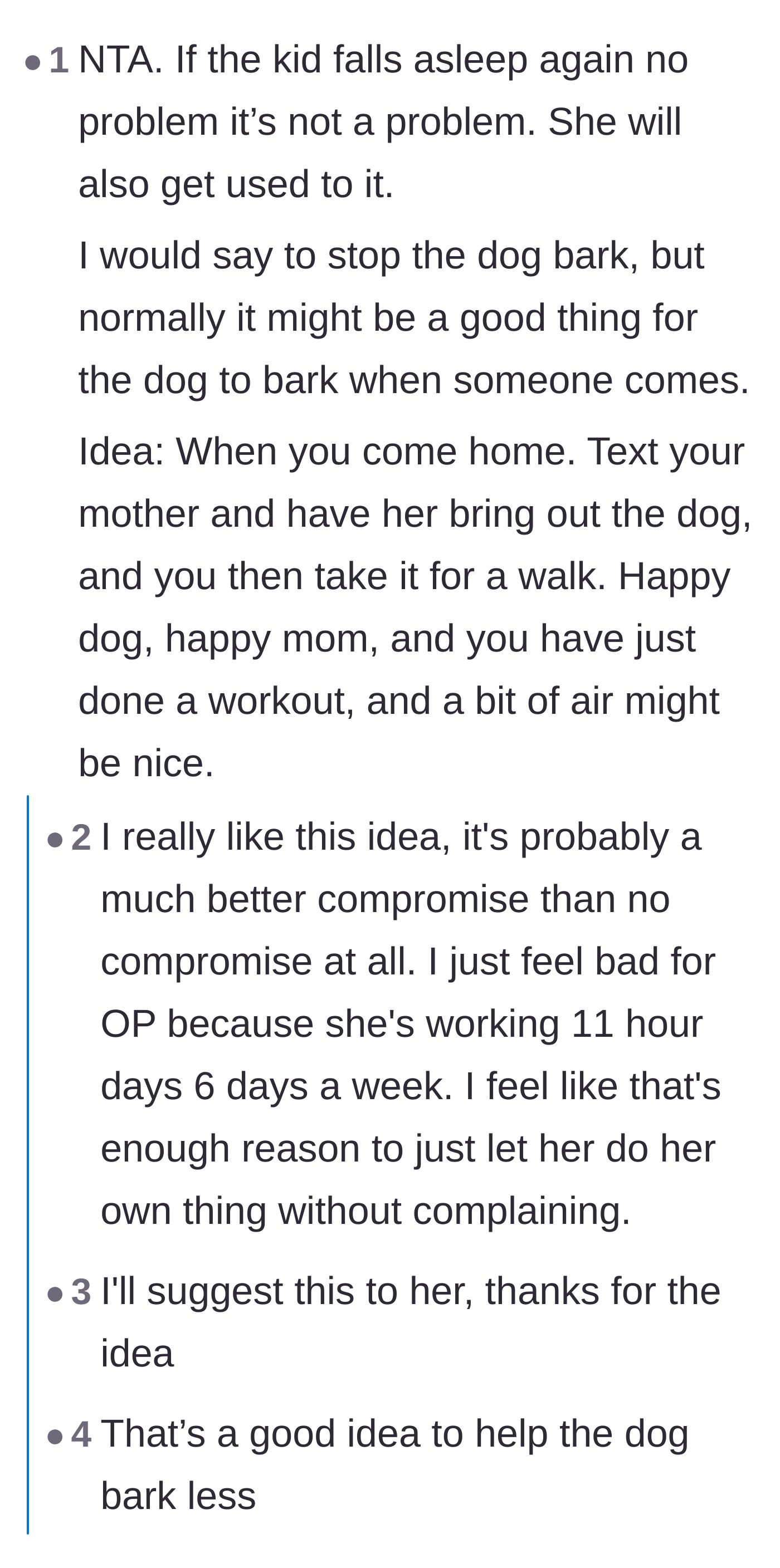 Comment thread 6 - Comment thread proposing a compromise where the daughter texts the mom to bring the dog out for a walk when she gets home.
