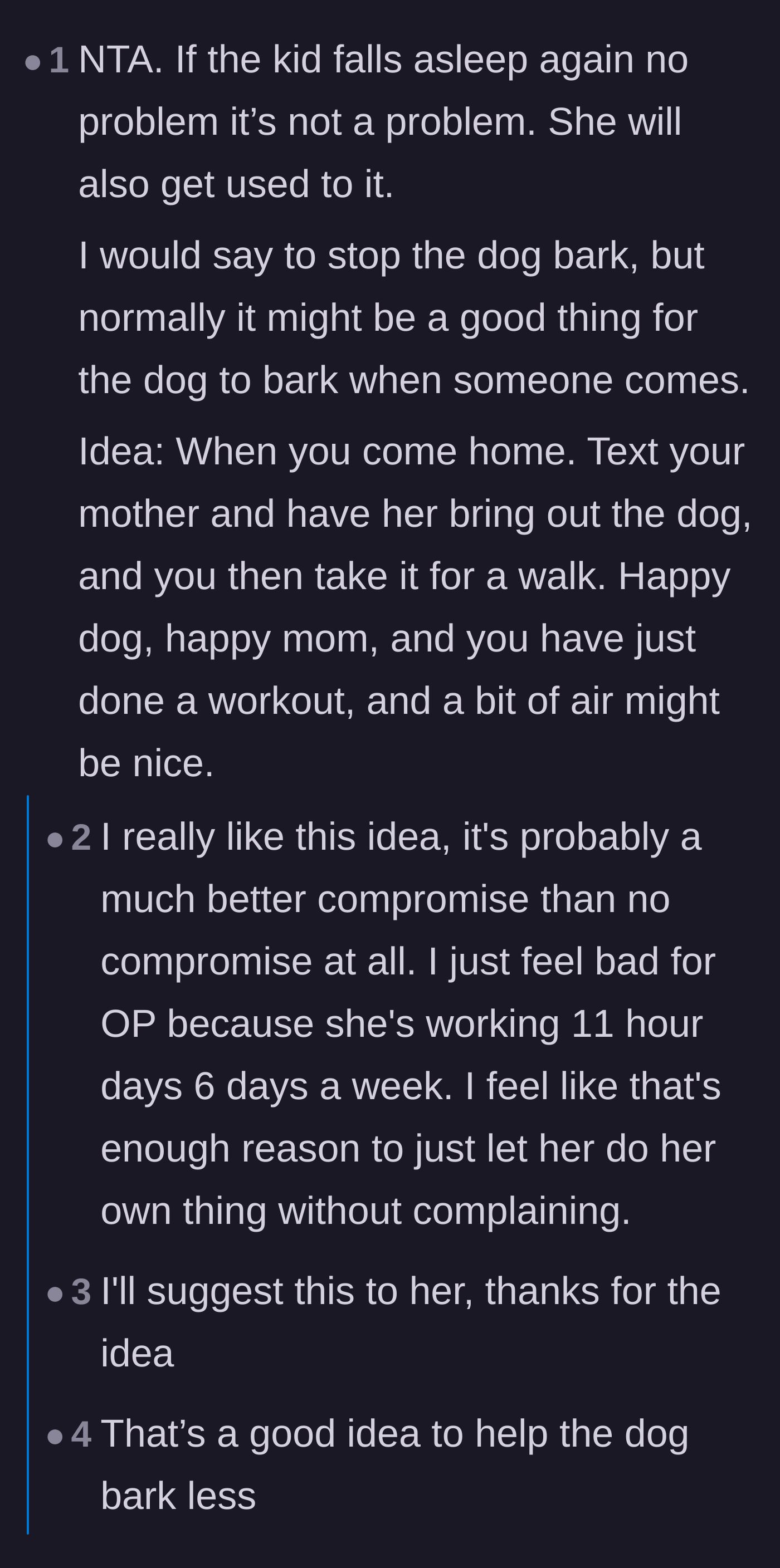 Comment thread 6 - Comment thread proposing a compromise where the daughter texts the mom to bring the dog out for a walk when she gets home.