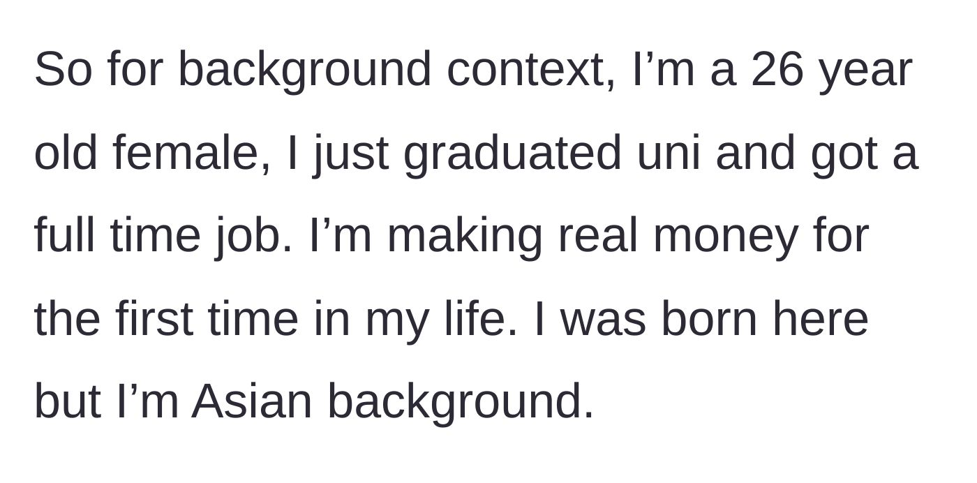 Story part 1 - A 26-year-old female graduate lands a full-time job and starts earning real money for the first time.