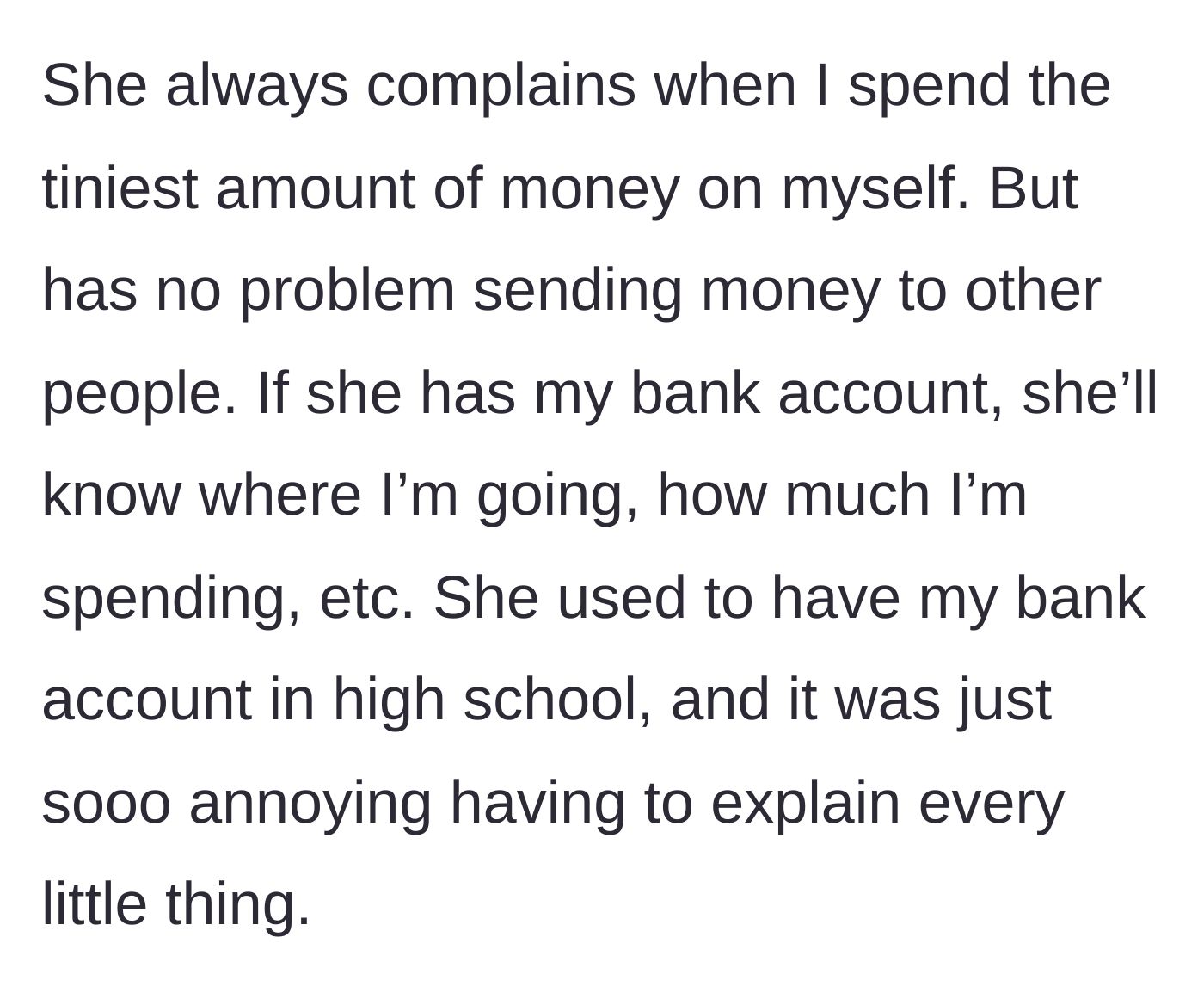 Story part 4 - The mother criticizes the daughter's small personal purchases while wanting full surveillance over her spending habits.