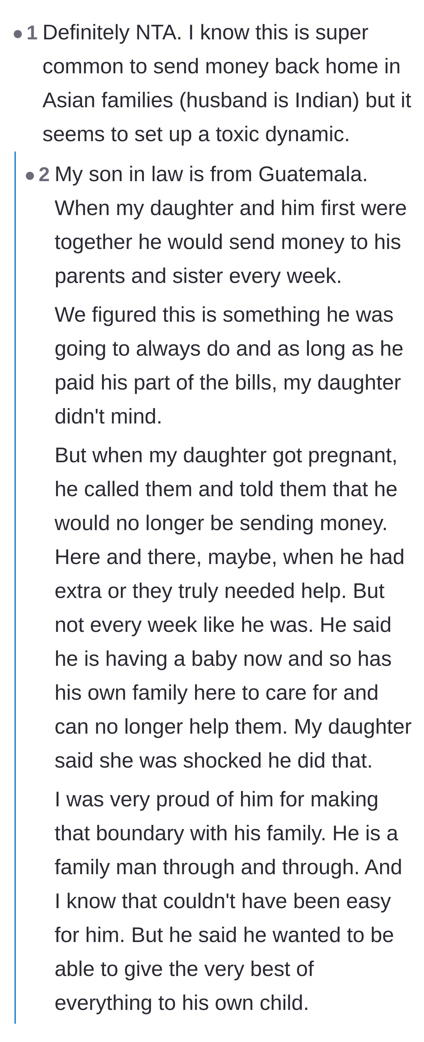 Comment thread 3 - Debating the cultural pressures of sending money to extended family.
