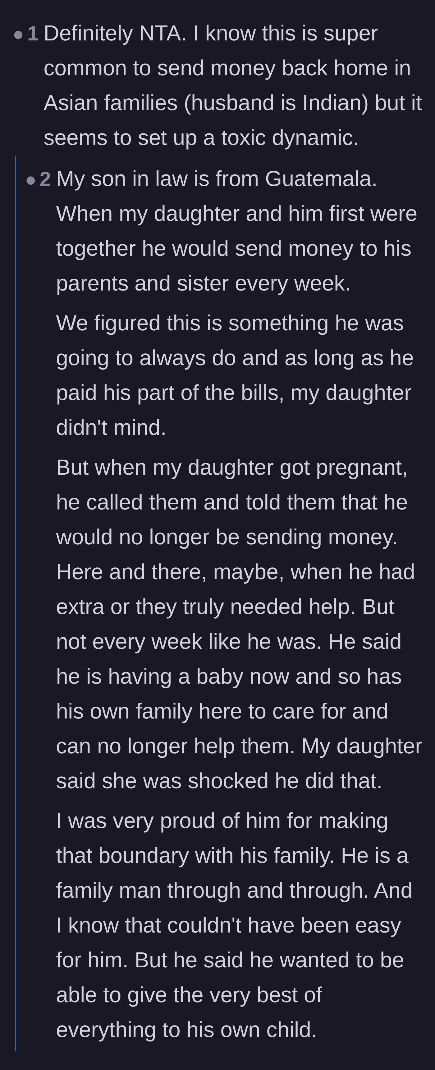 Comment thread 3 - Debating the cultural pressures of sending money to extended family.