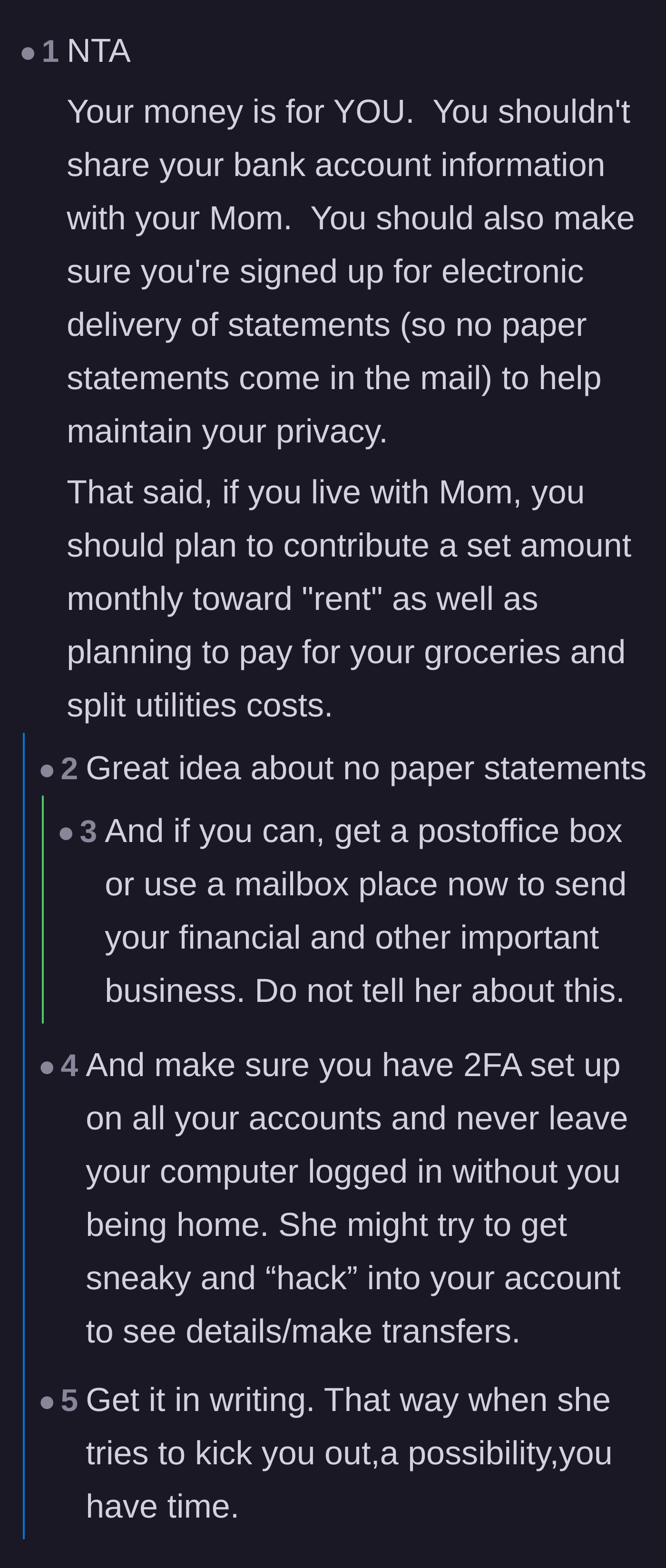 Comment thread 4 - Tactical advice for securing bank accounts against snooping parents.