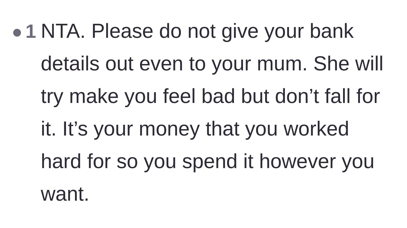 Comment thread 5 - Support for the daughter keeping her hard-earned money.
