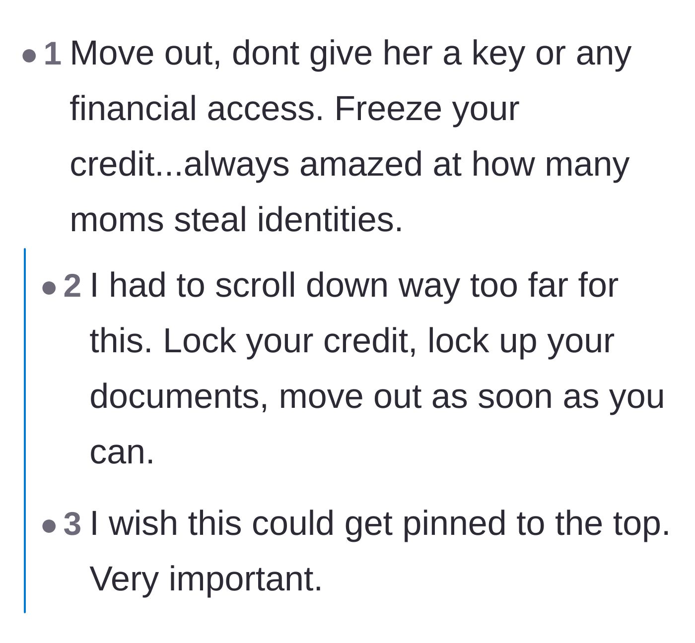 Comment thread 6 - Warnings about freezing credit to prevent parental identity theft.