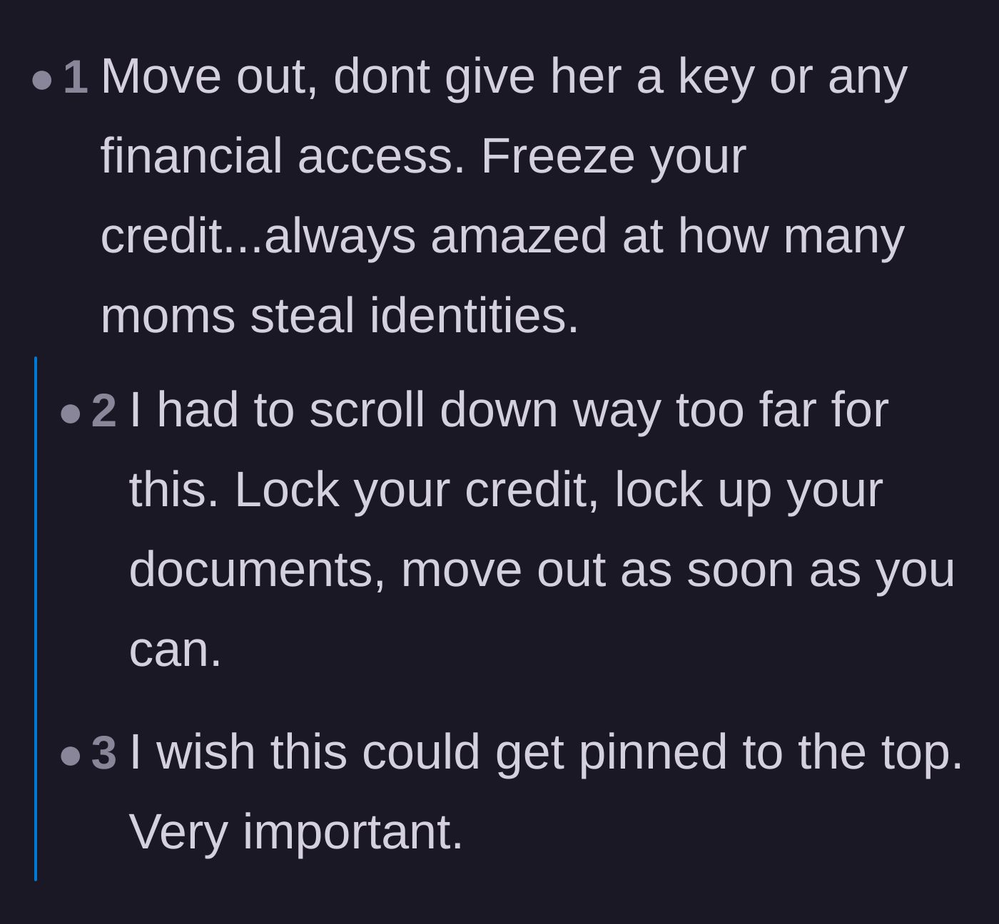 Comment thread 6 - Warnings about freezing credit to prevent parental identity theft.