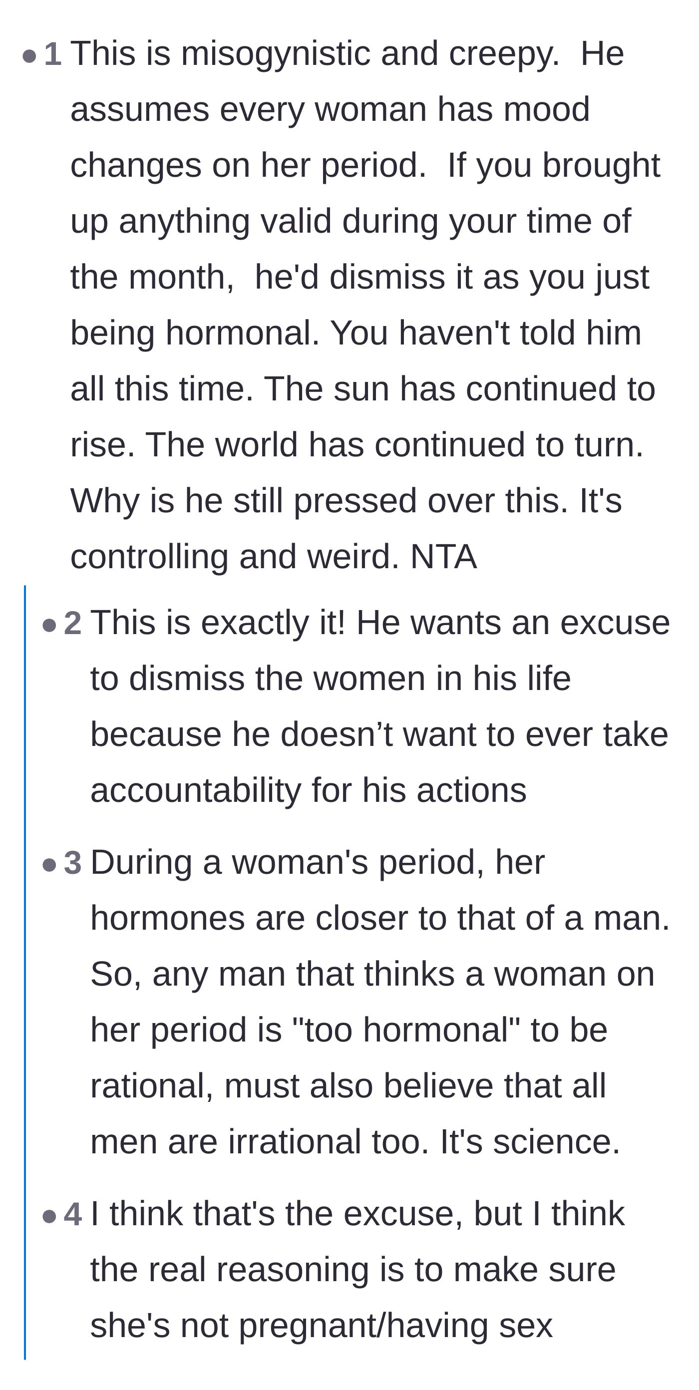 Comment thread 1 - Readers dissecting the flawed logic behind women being 'too hormonal' and speculating on the father's ulterior motives for tracking her cycle.