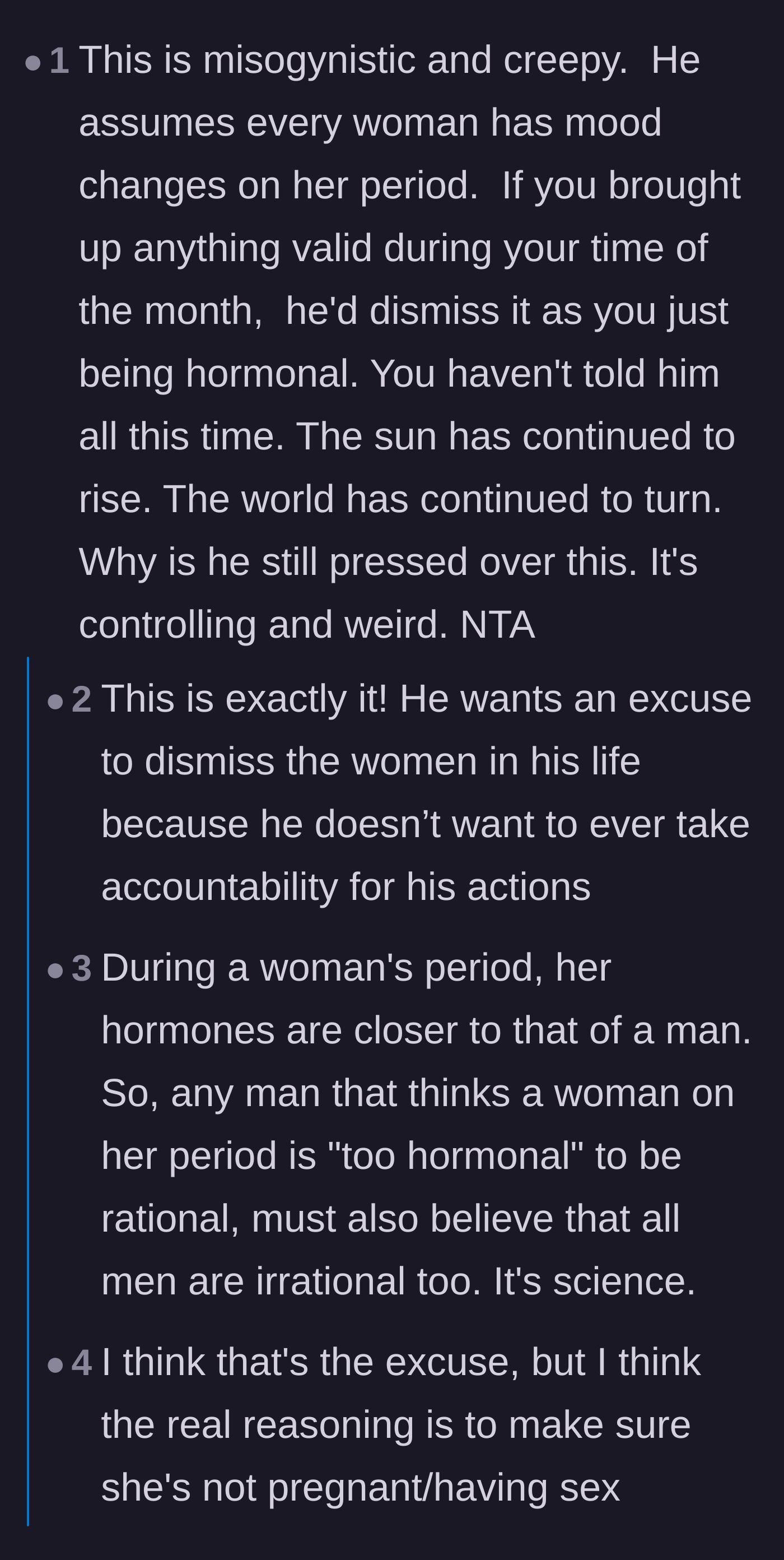 Comment thread 1 - Readers dissecting the flawed logic behind women being 'too hormonal' and speculating on the father's ulterior motives for tracking her cycle.