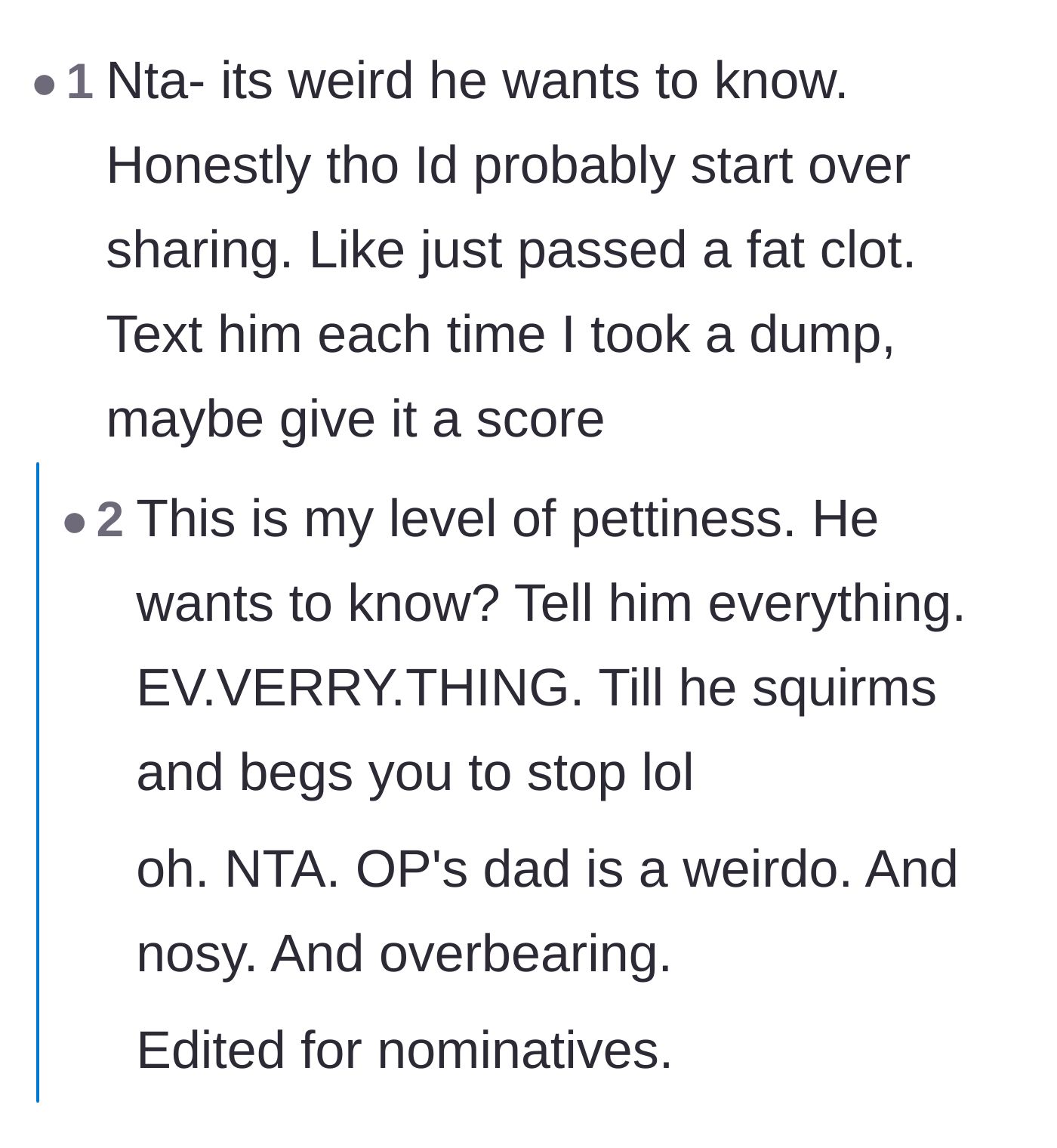 Comment thread 2 - A humorous discussion suggesting the daughter overshare grotesquely detailed biological facts to make the father uncomfortable.