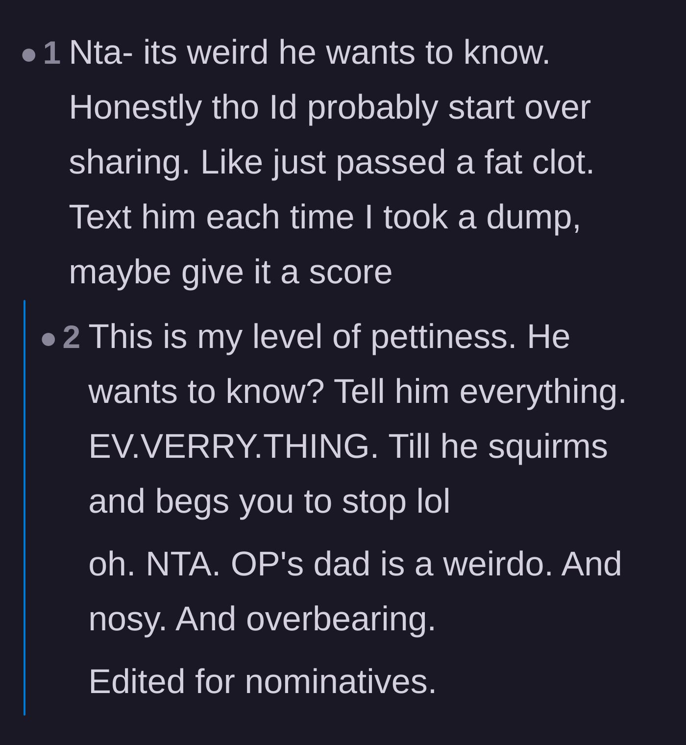 Comment thread 2 - A humorous discussion suggesting the daughter overshare grotesquely detailed biological facts to make the father uncomfortable.