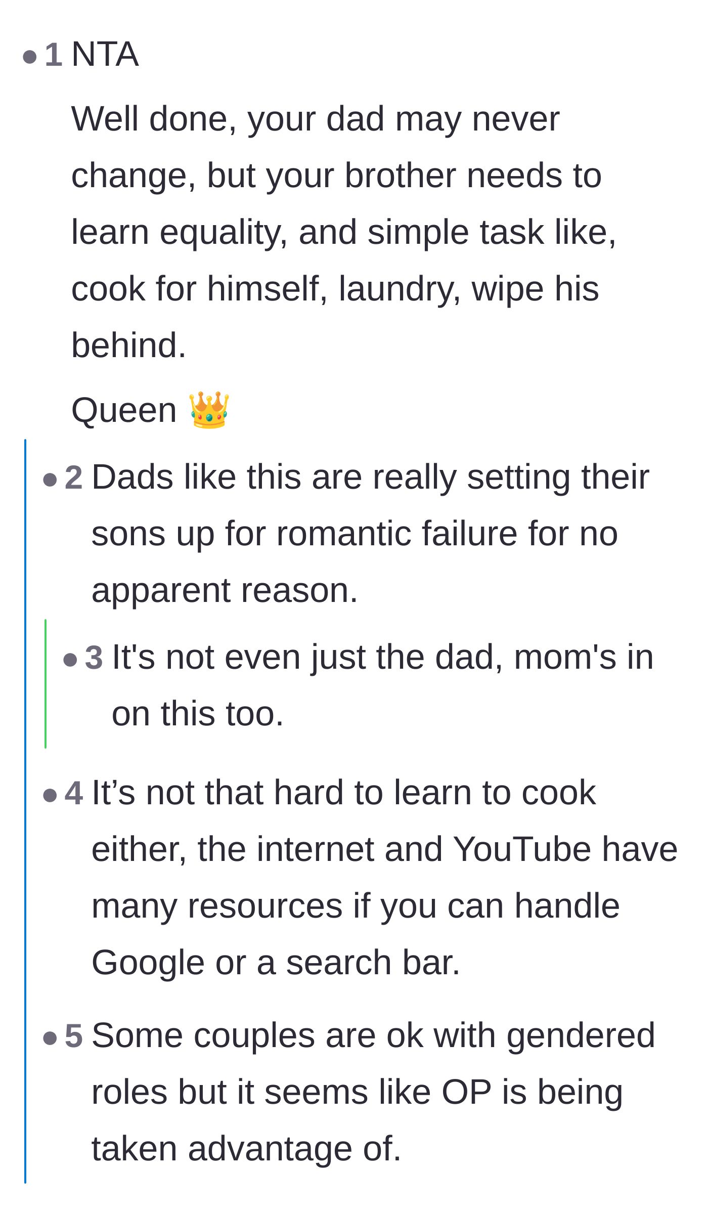 Comment thread 1 - Discussion on how the father's weaponized incompetence is setting the teenage son up for future romantic failure.