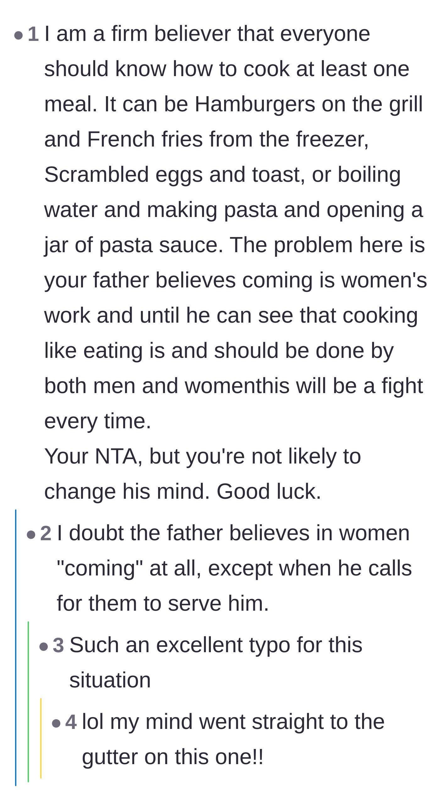 Comment thread 6 - Advice on learning basic meals that leads into a humorous exchange about a typo regarding the father's view of women.