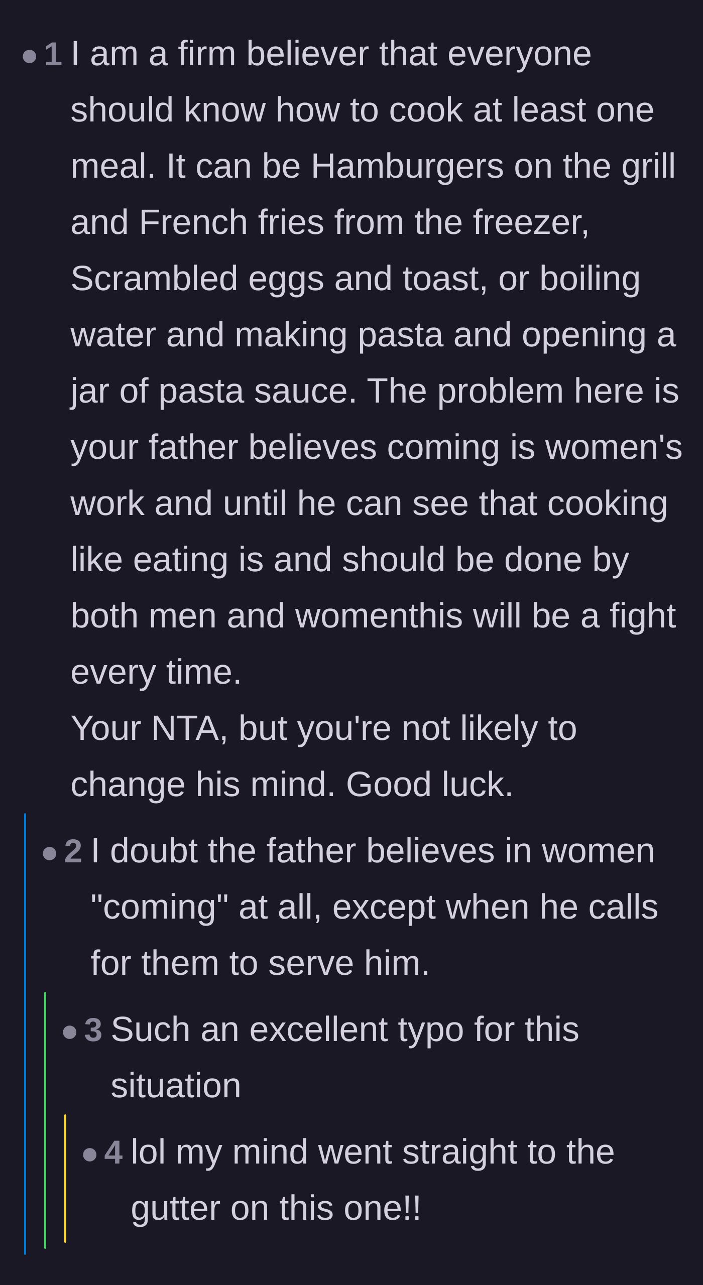 Comment thread 6 - Advice on learning basic meals that leads into a humorous exchange about a typo regarding the father's view of women.