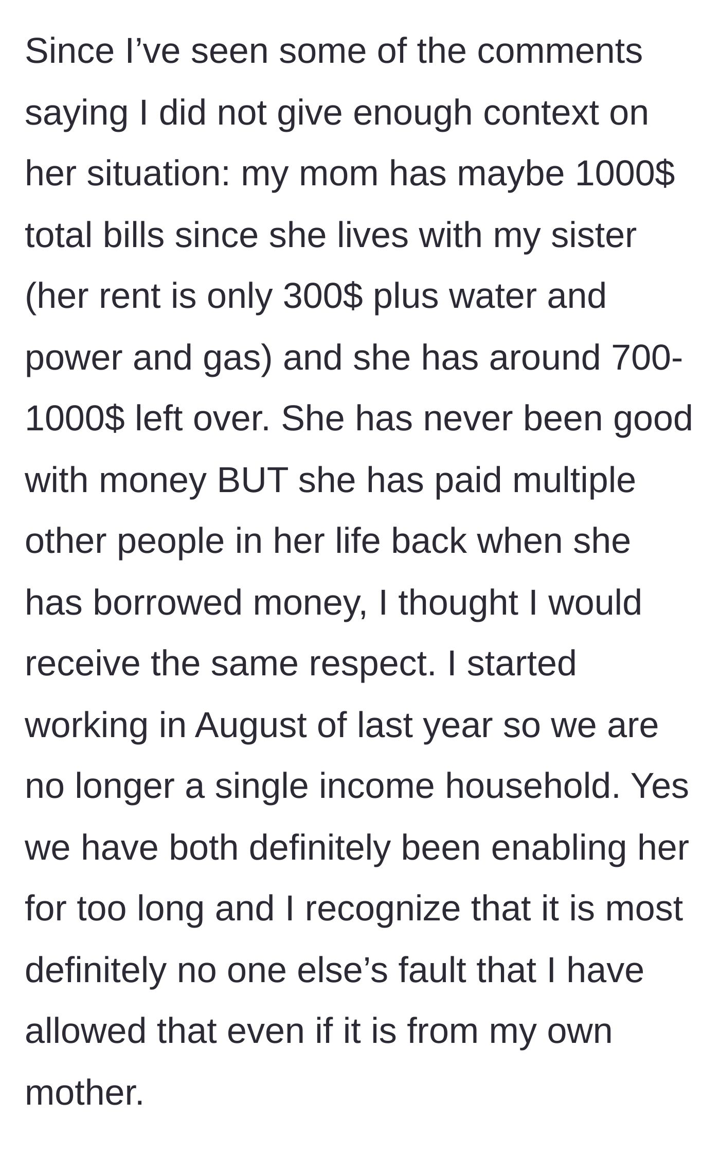 Story part 5 - Daughter reveals her mother actually has high disposable income but simply chooses not to prioritize paying her own child.