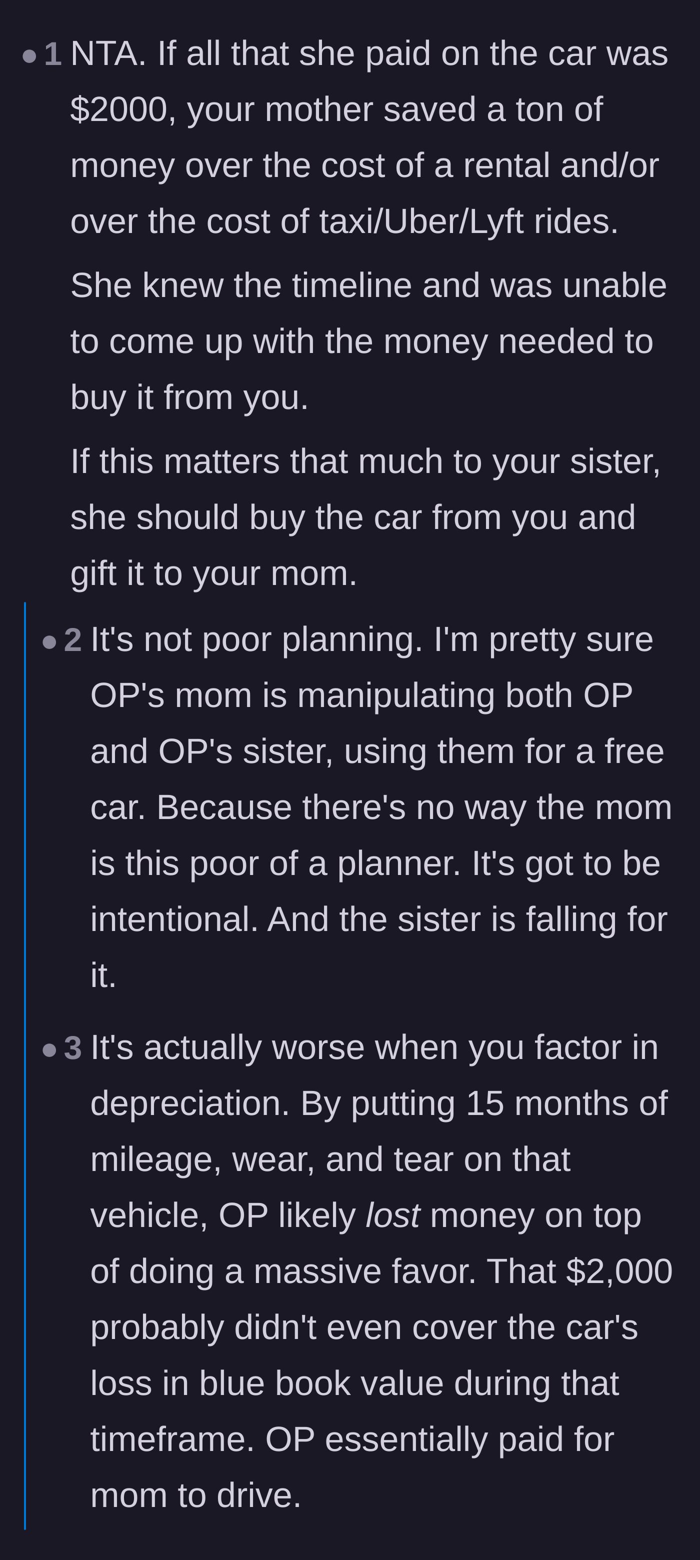 Comment thread 2 - A mathematical breakdown of how the mother essentially received years of free transportation at the daughter's expense.