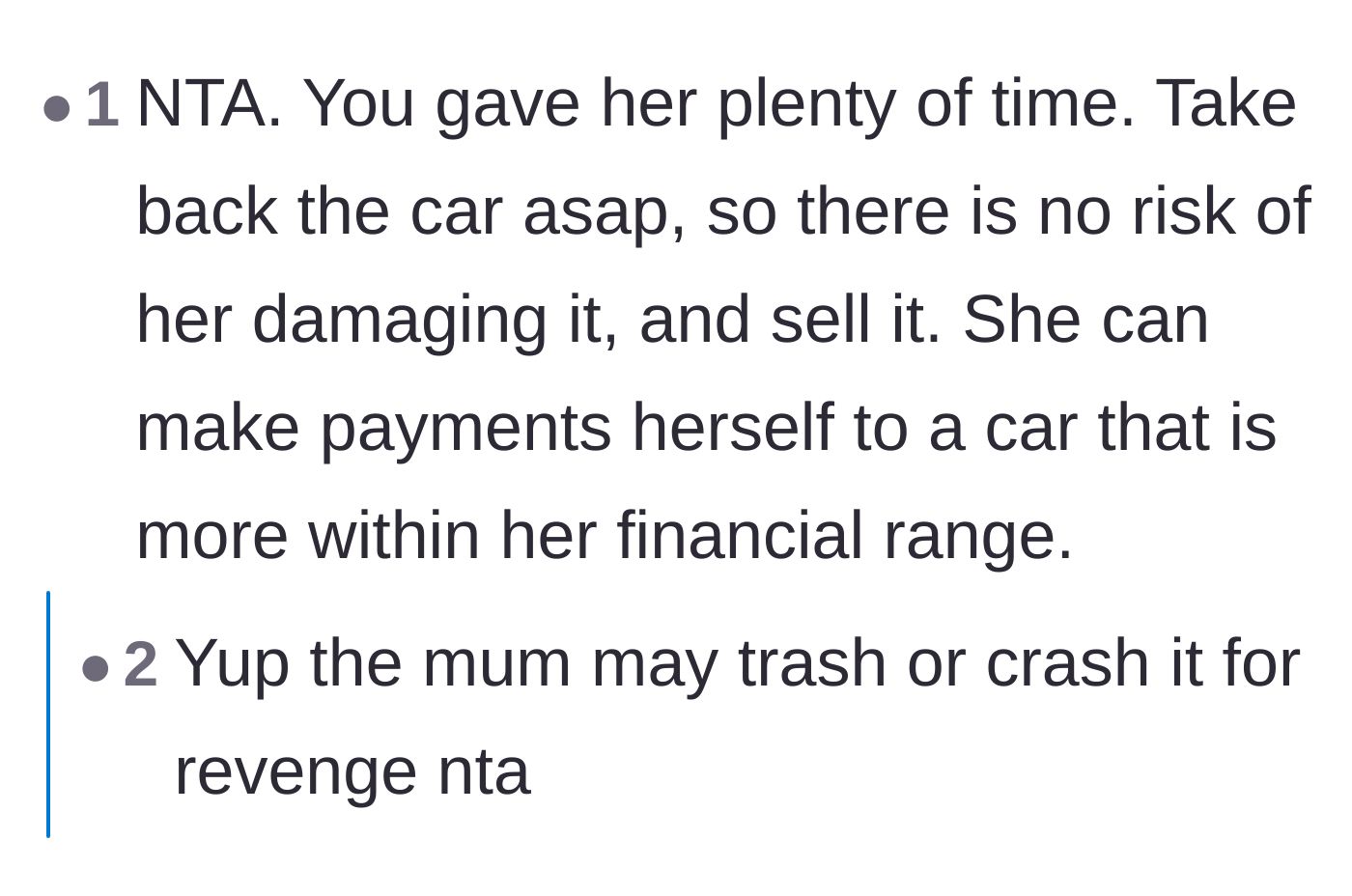 Comment thread 3 - Commenters urging the daughter to repossess the car immediately to prevent retaliatory property damage.