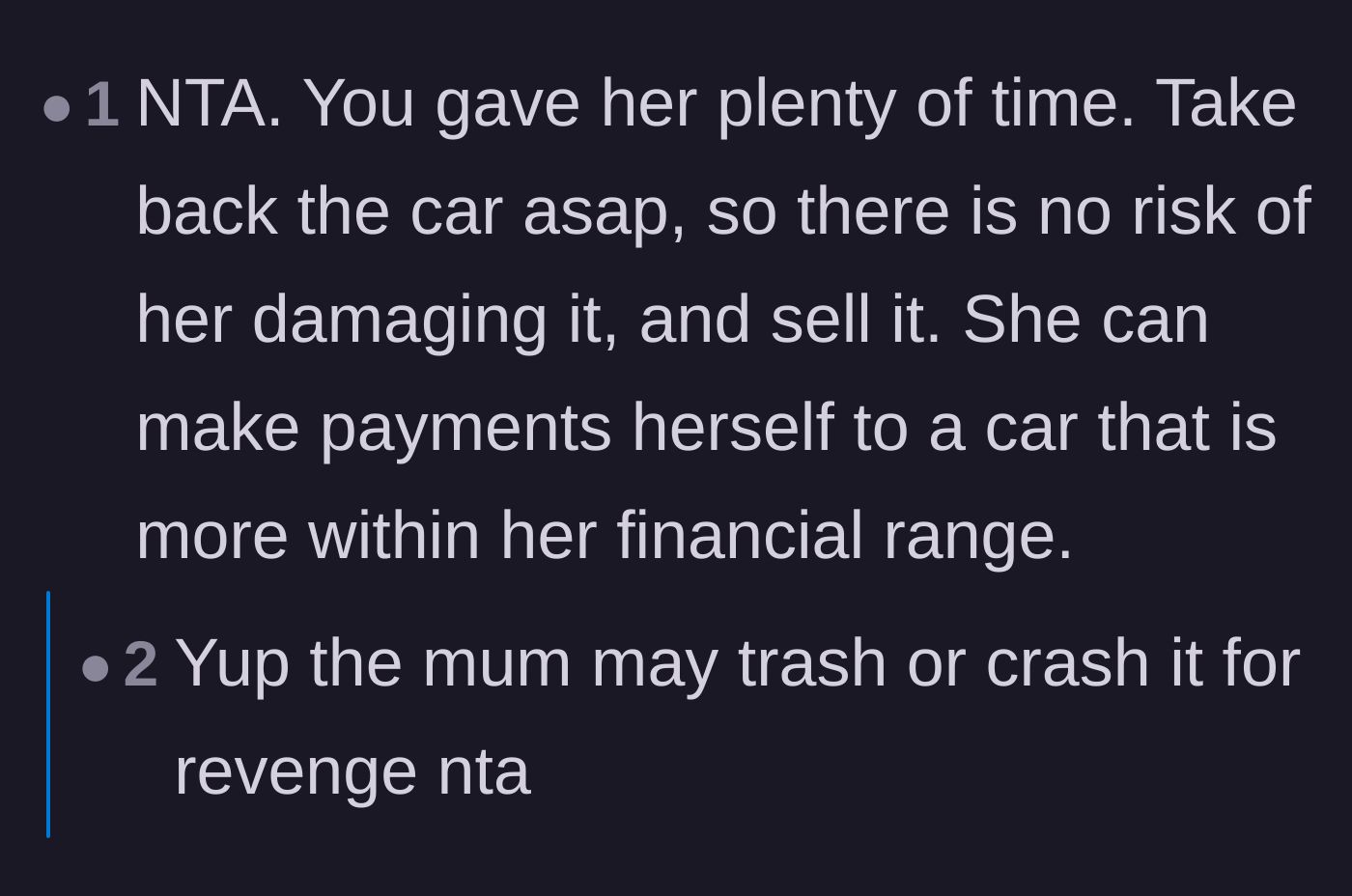 Comment thread 3 - Commenters urging the daughter to repossess the car immediately to prevent retaliatory property damage.