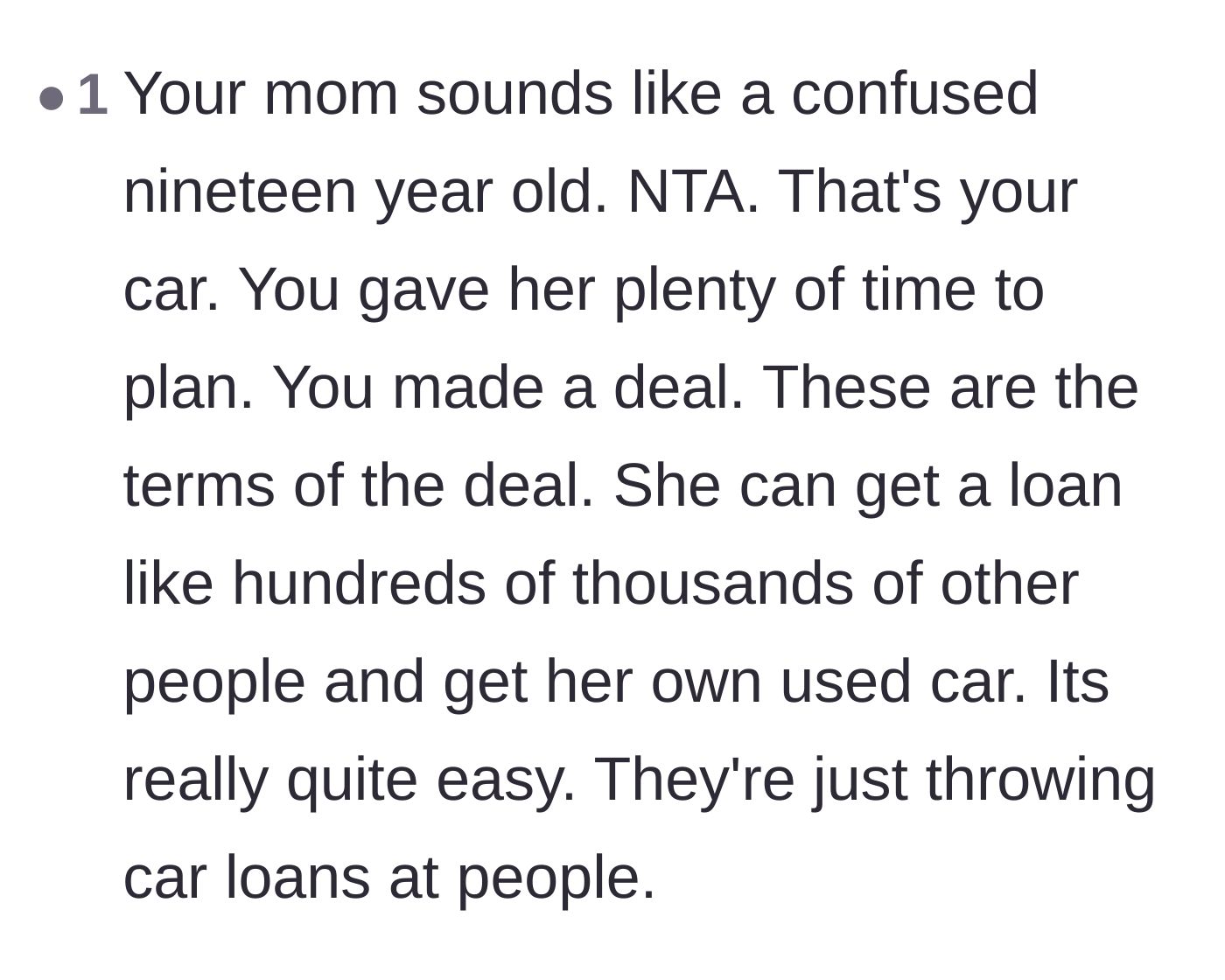 Comment thread 4 - A reader comparing the mother's financial irresponsibility to that of a teenager.