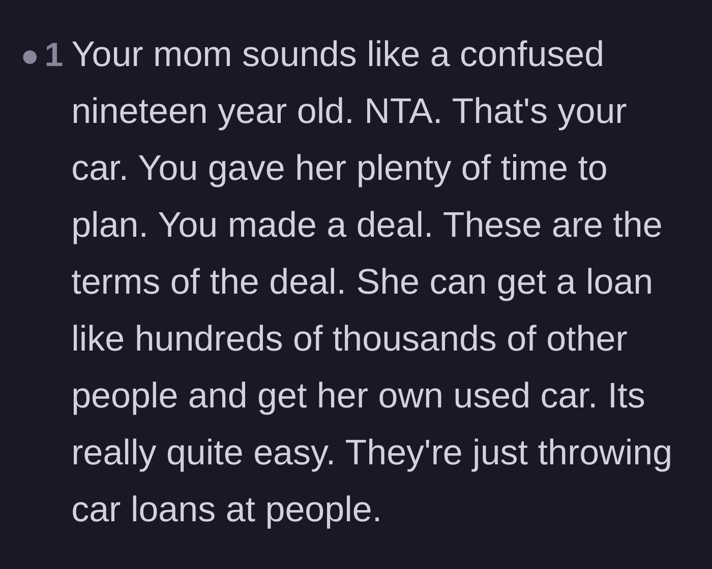 Comment thread 4 - A reader comparing the mother's financial irresponsibility to that of a teenager.