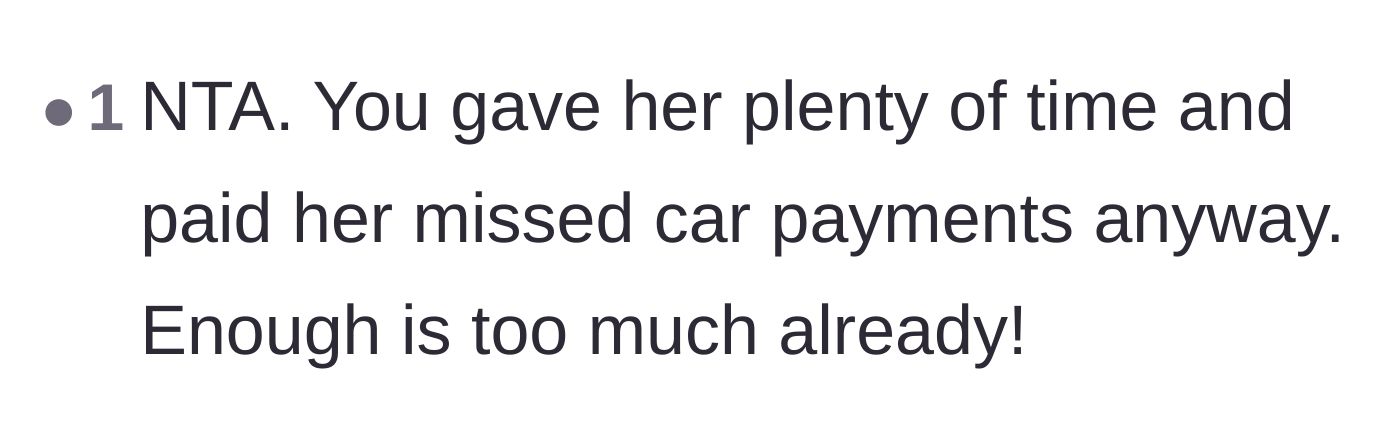 Comment thread 5 - Support for the daughter drawing a firm line after covering the missed payments.