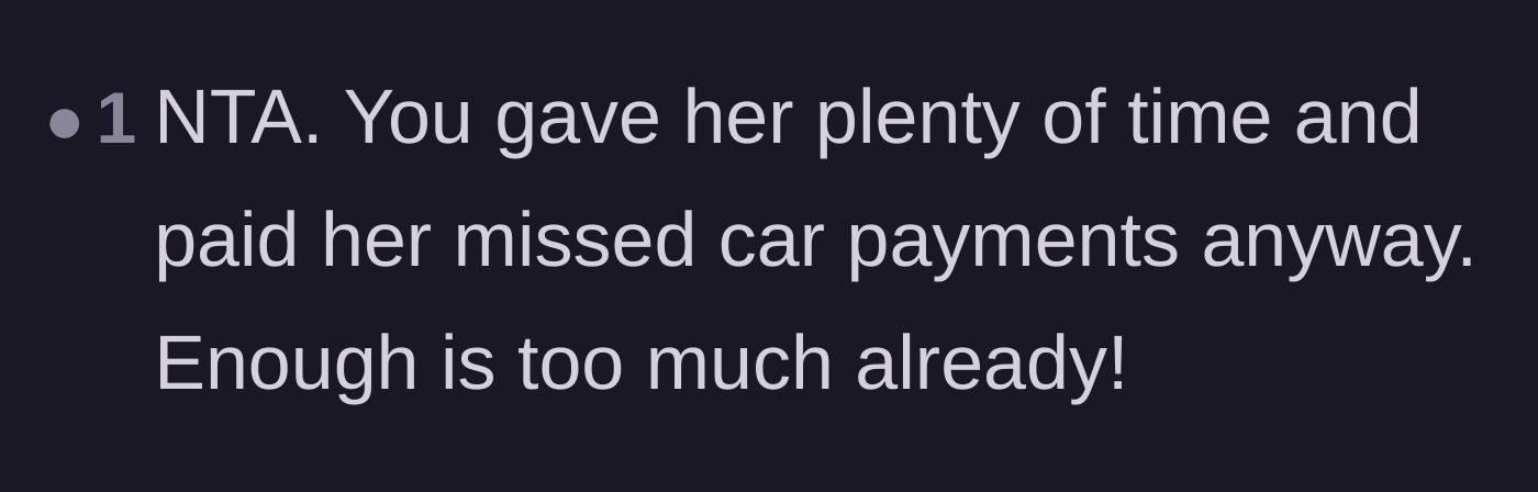 Comment thread 5 - Support for the daughter drawing a firm line after covering the missed payments.