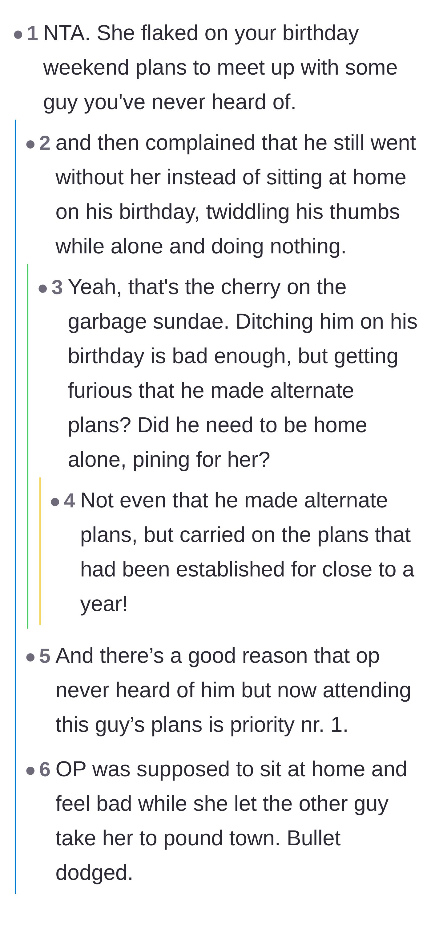 Comment thread 1 - Readers dissecting the girlfriend's unreasonable anger over the boyfriend keeping his birthday plans without her.