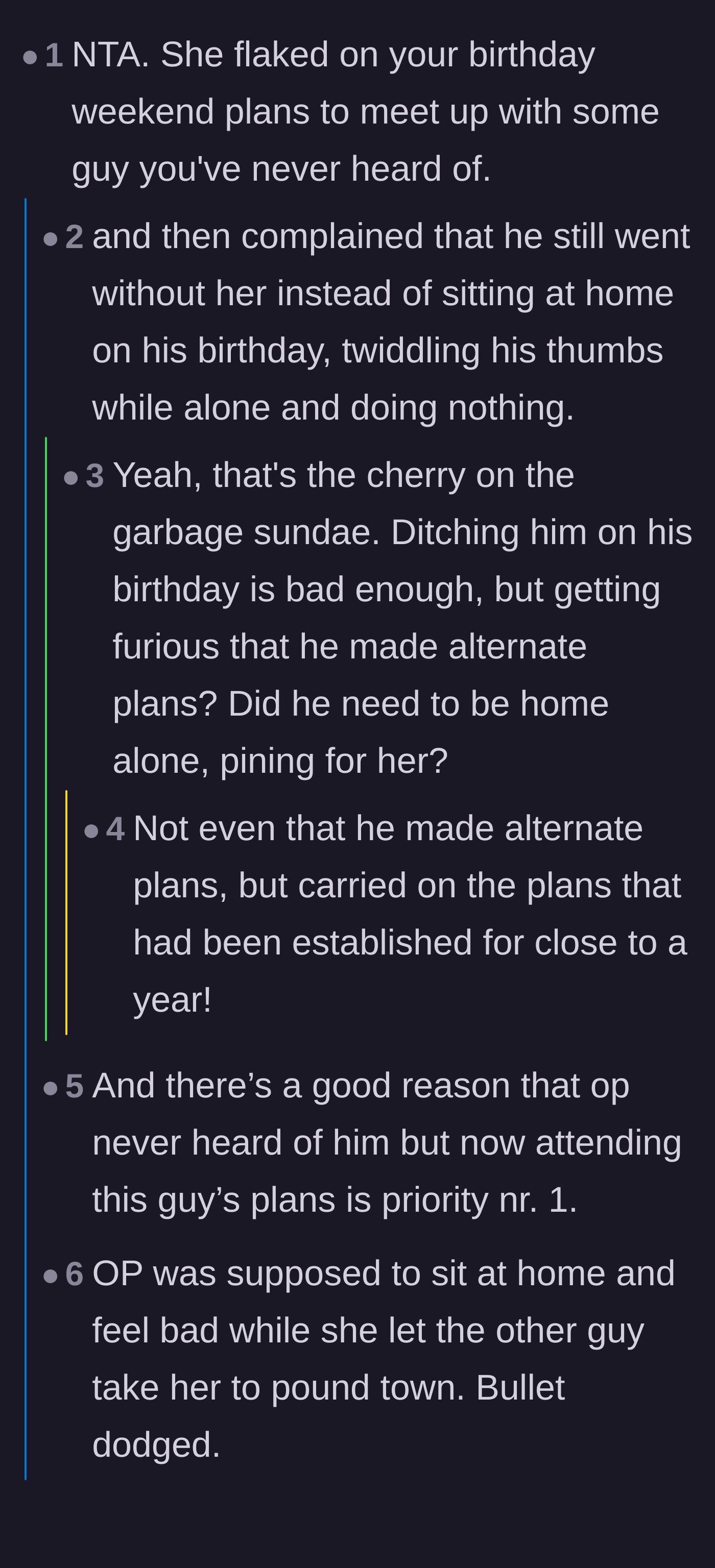 Comment thread 1 - Readers dissecting the girlfriend's unreasonable anger over the boyfriend keeping his birthday plans without her.