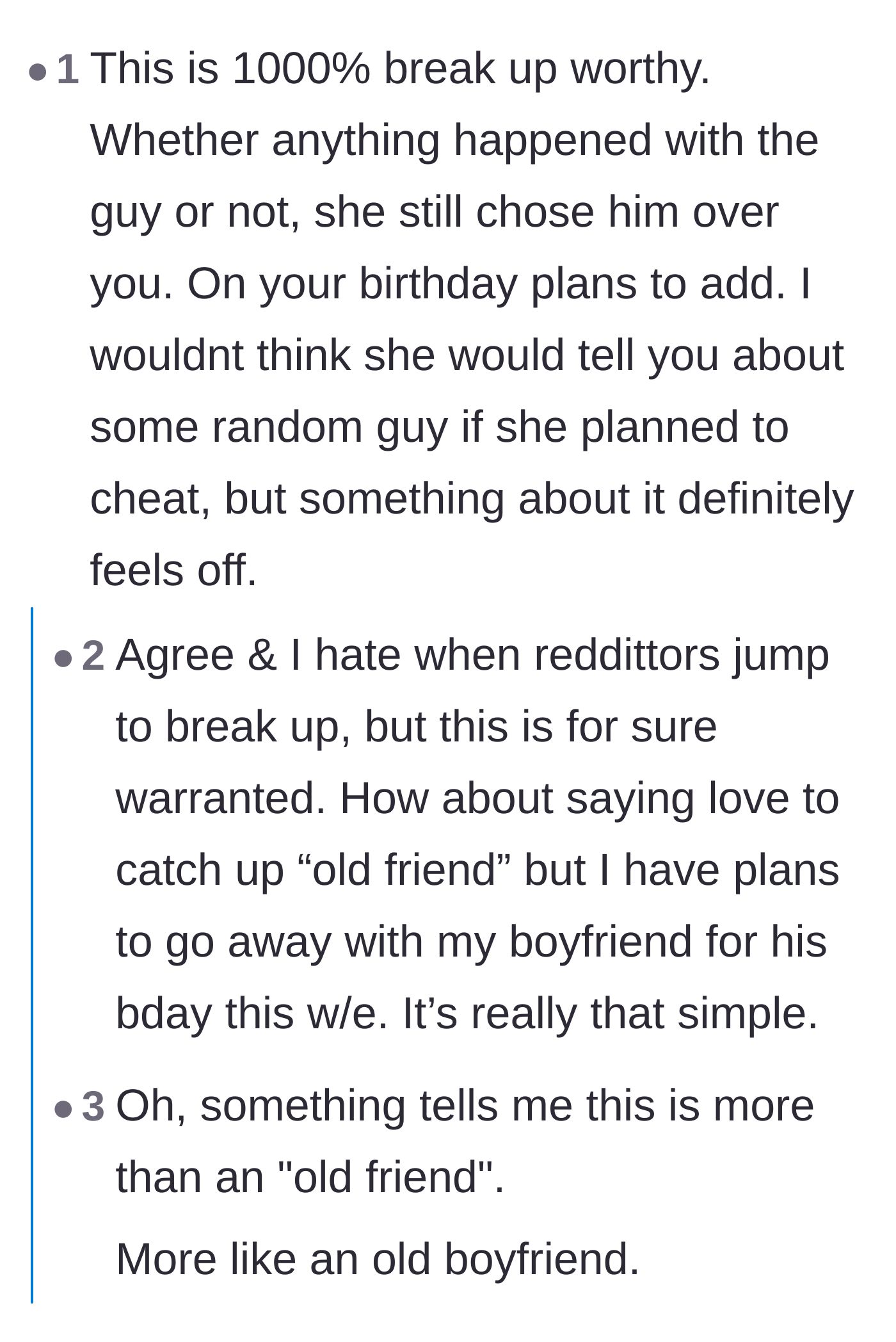 Comment thread 2 - A discussion validating that this betrayal is a legitimate reason to end the relationship.