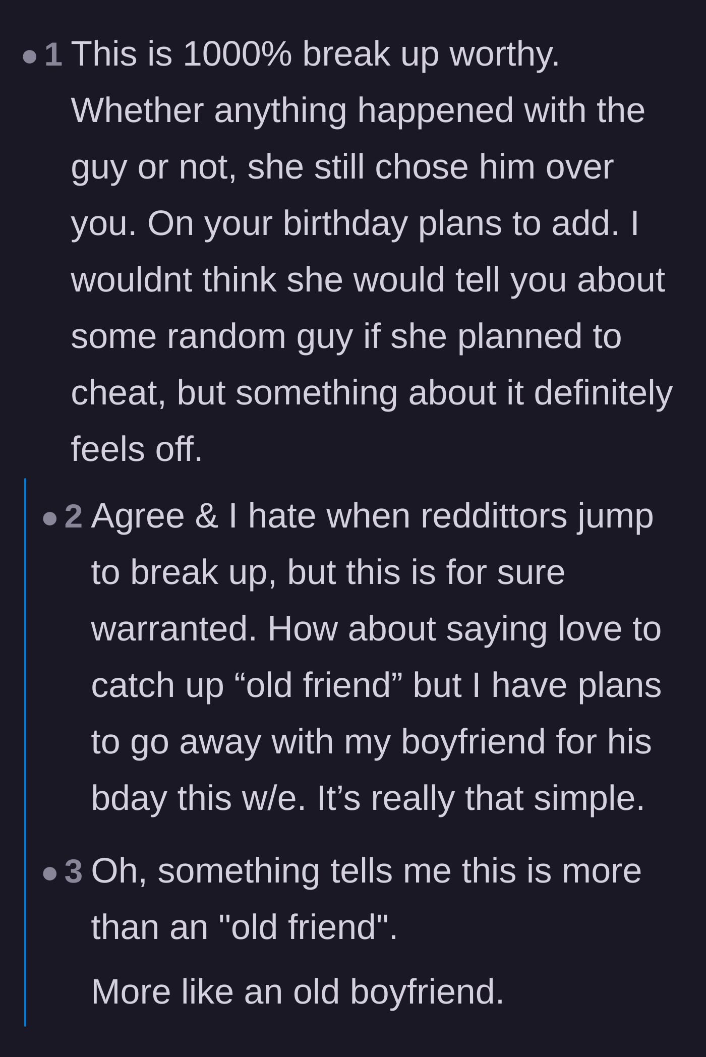 Comment thread 2 - A discussion validating that this betrayal is a legitimate reason to end the relationship.