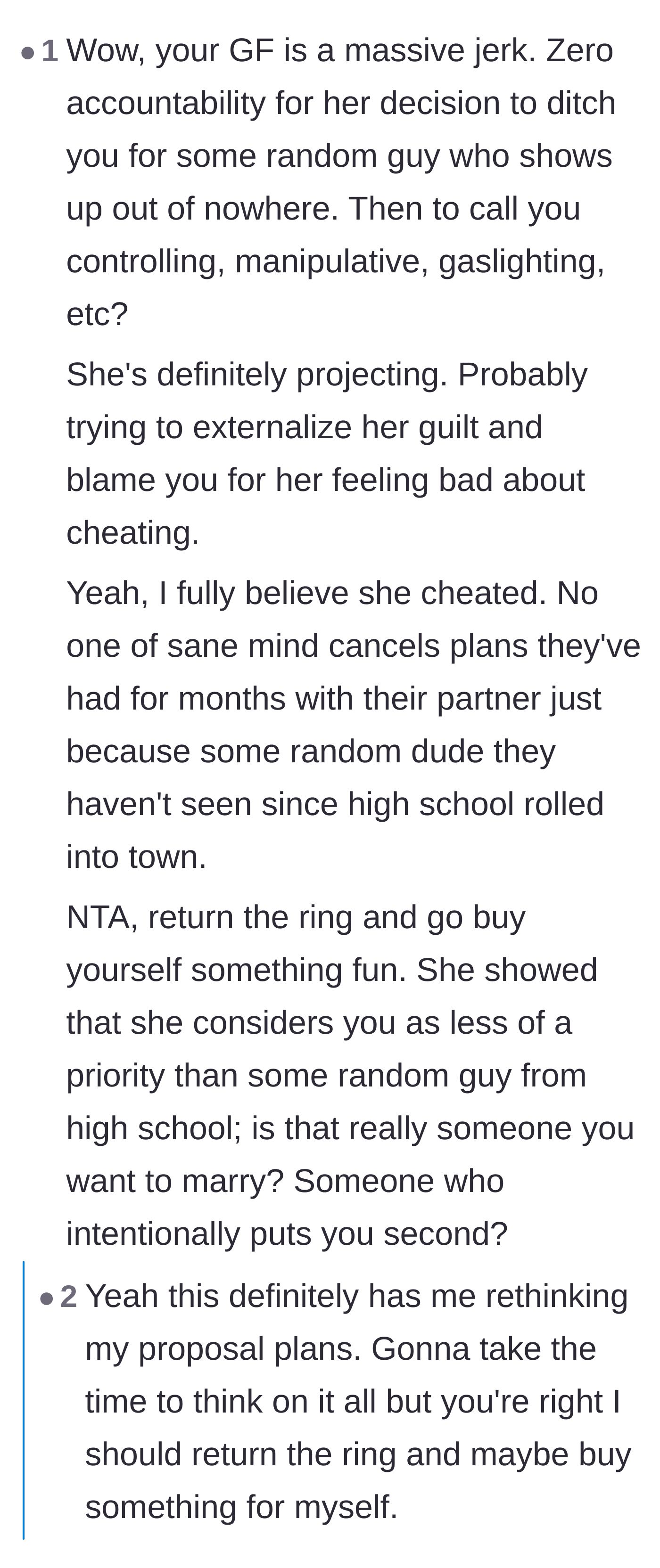 Comment thread 3 - Advice urging the boyfriend to return the engagement ring and recognize her lack of loyalty.