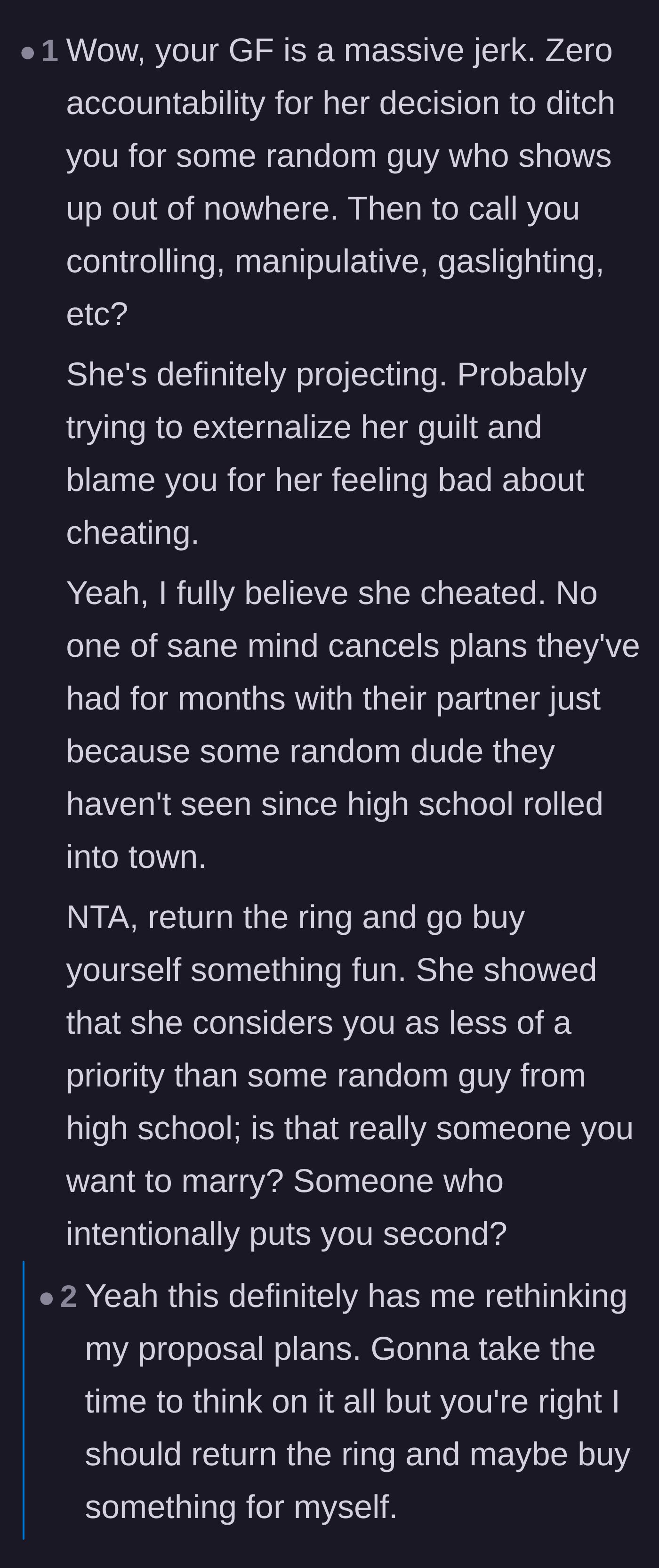 Comment thread 3 - Advice urging the boyfriend to return the engagement ring and recognize her lack of loyalty.