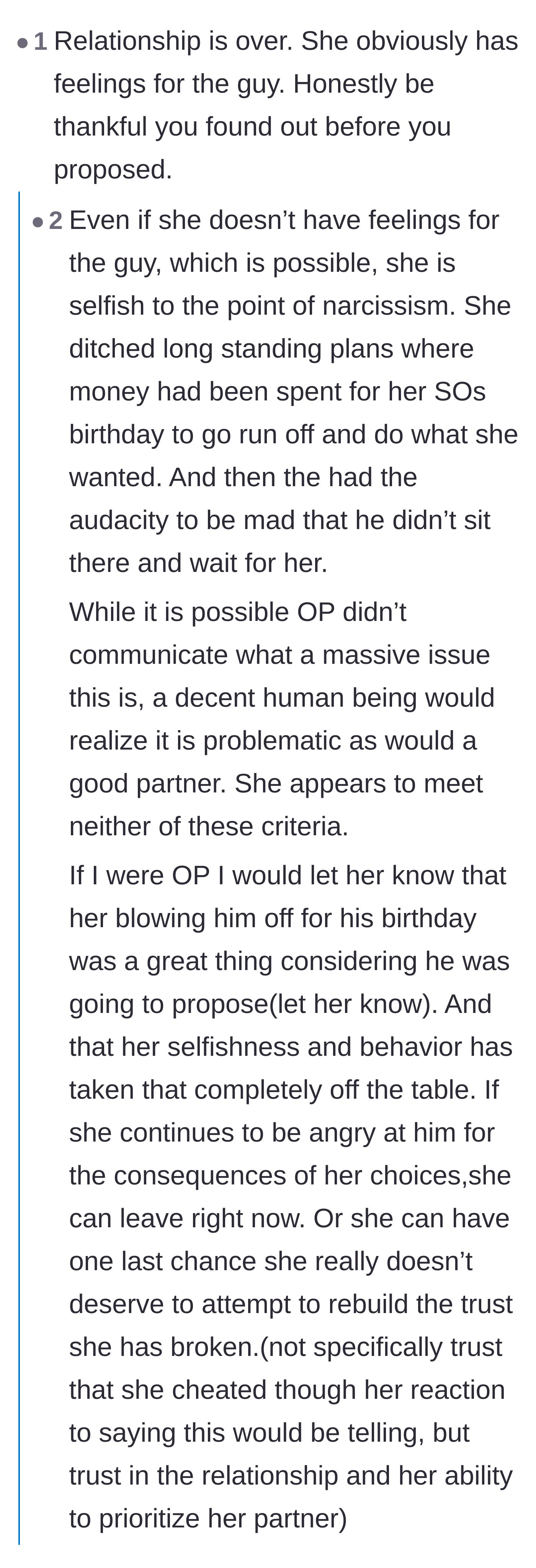 Comment thread 4 - A debate on how the girlfriend's sheer selfishness is unforgivable even if no cheating occurred.