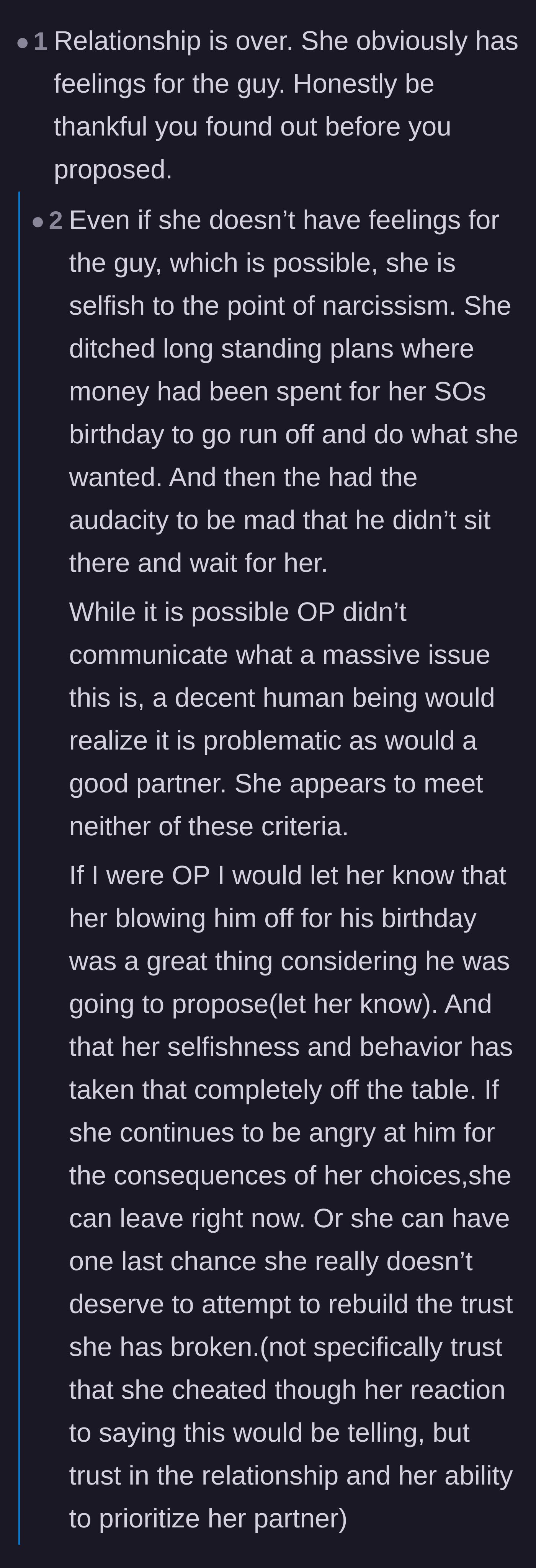 Comment thread 4 - A debate on how the girlfriend's sheer selfishness is unforgivable even if no cheating occurred.