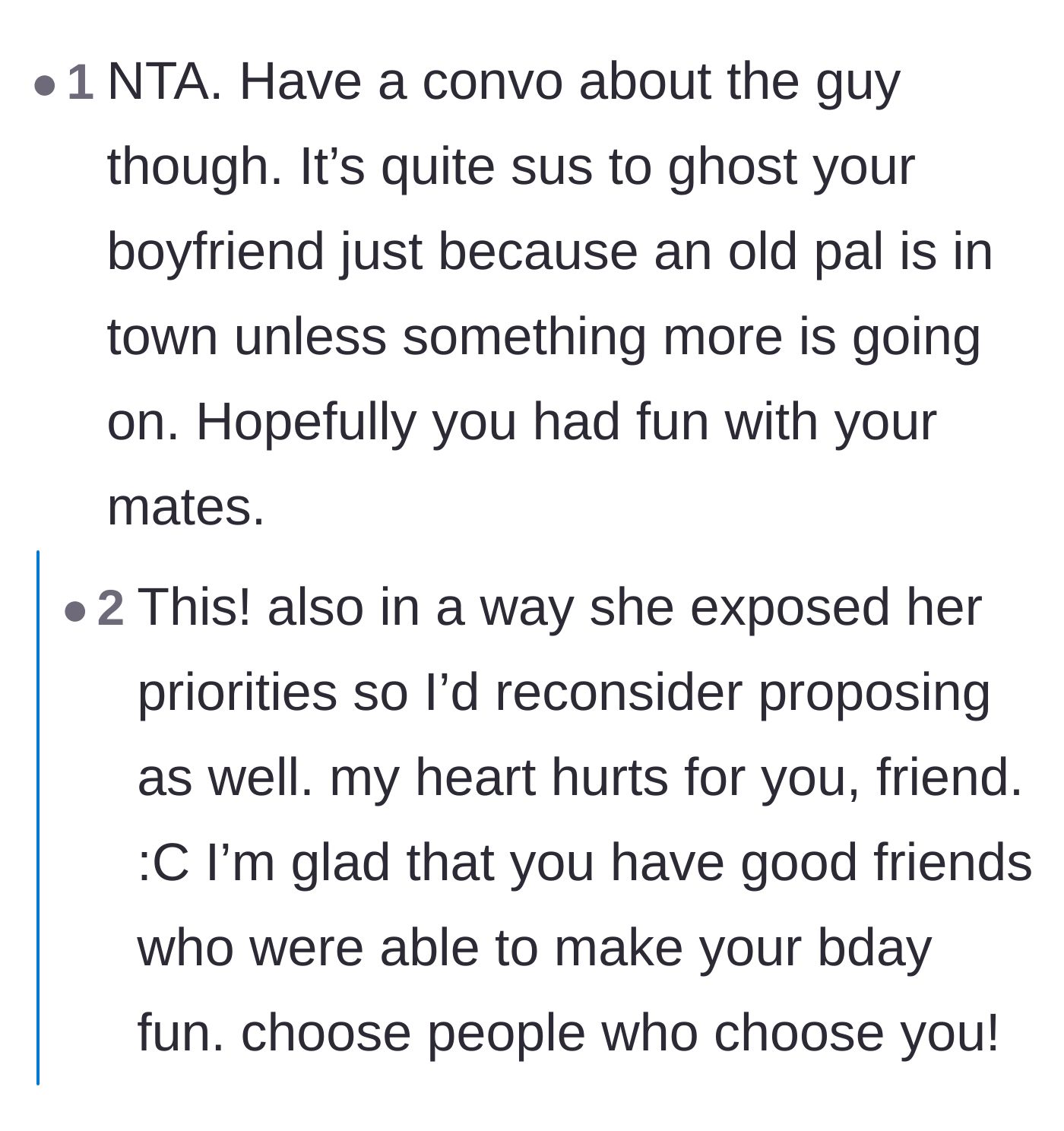 Comment thread 5 - Speculation about the girlfriend's true motives and the sorrow of unbalanced priorities.