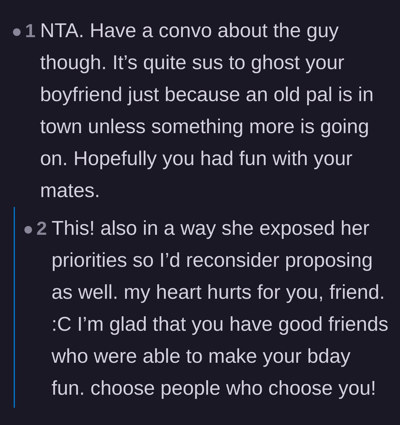 Comment thread 5 - Speculation about the girlfriend's true motives and the sorrow of unbalanced priorities.