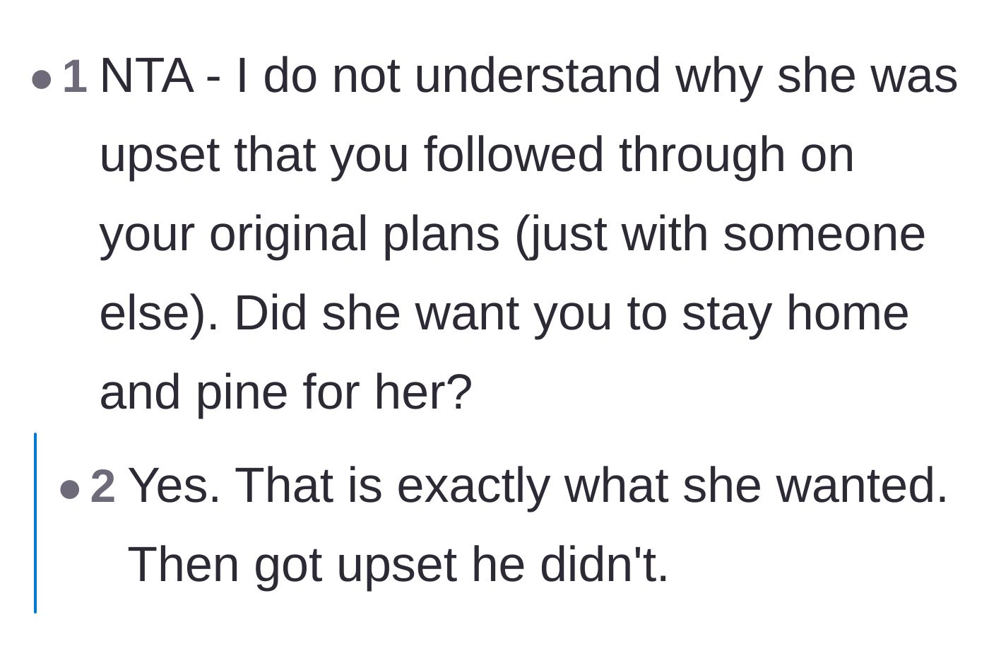 Comment thread 6 - Disbelief over the girlfriend's expectation that the boyfriend would stay home and suffer.