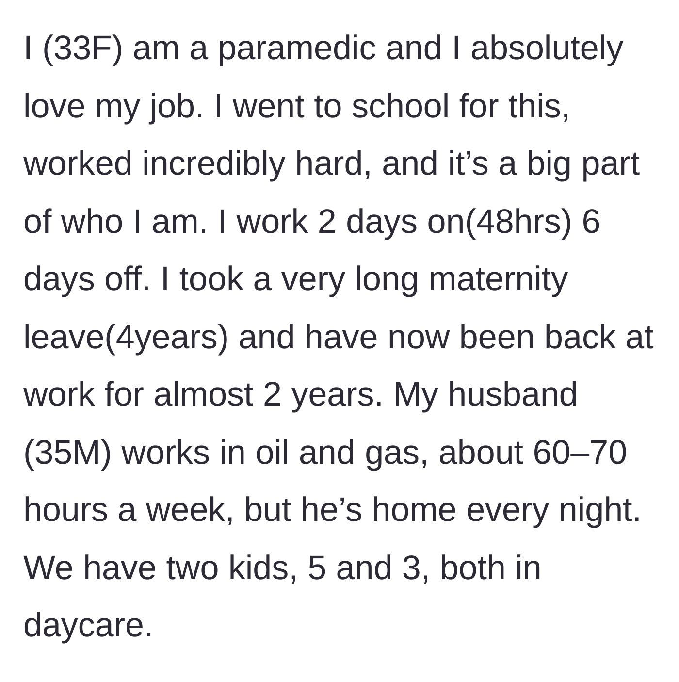 Story part 1 - A side-by-side comparison of a paramedic's 48-hour on-call shift versus a grueling 70-hour oil and gas schedule.