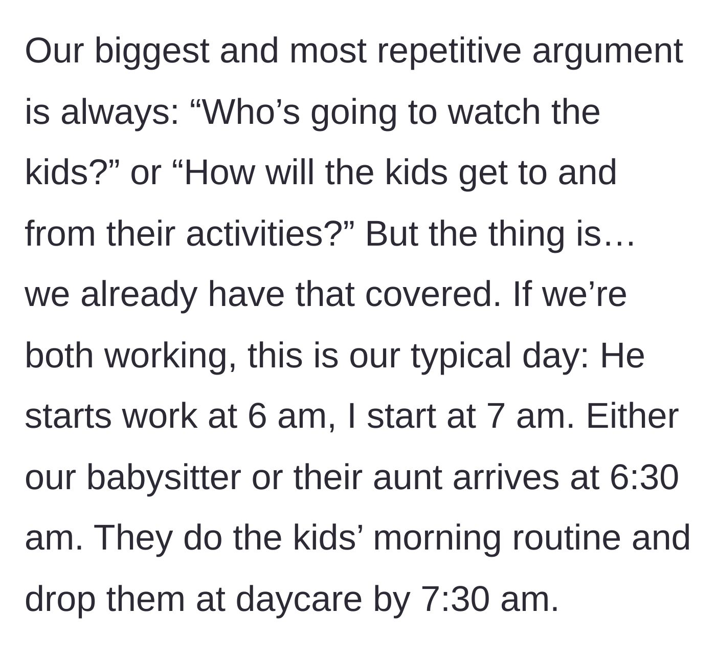 Story part 2 - A meticulously planned daily schedule magnetized to a family refrigerator, showing staggered start times and babysitter hand-offs.