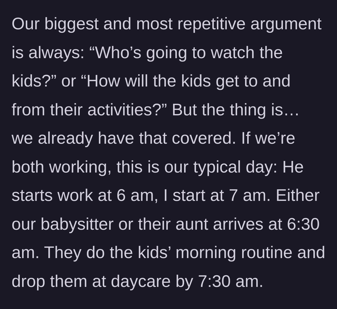 Story part 2 - A meticulously planned daily schedule magnetized to a family refrigerator, showing staggered start times and babysitter hand-offs.